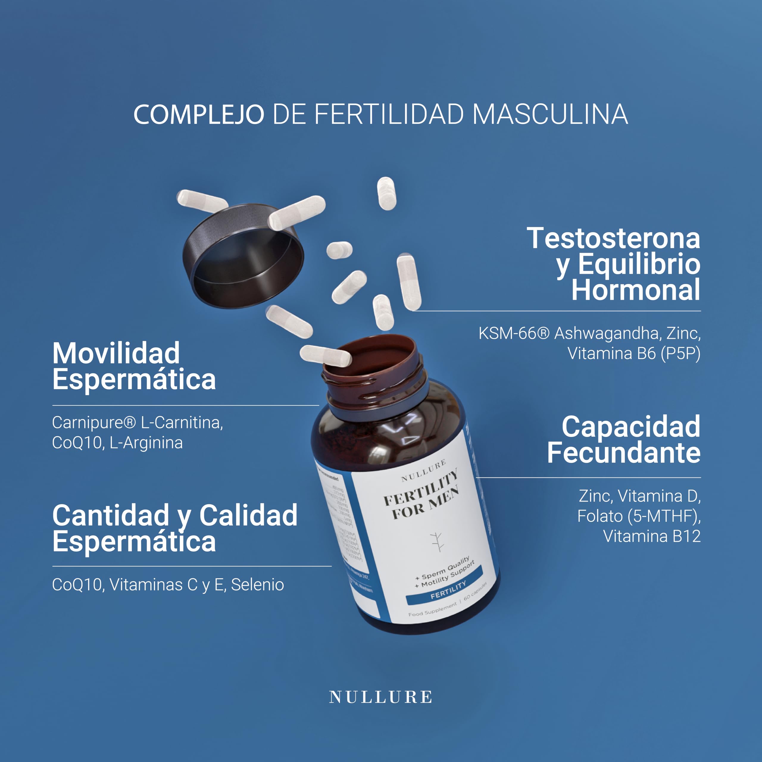 l carnitina testosterona Nullure Suplemento Fertilidad Masculina | Recuento y Motilidad Espermática | L-Carnitina + CoQ10 + L-arginina | Testado por terceros | Vegano y Sin Aditivos