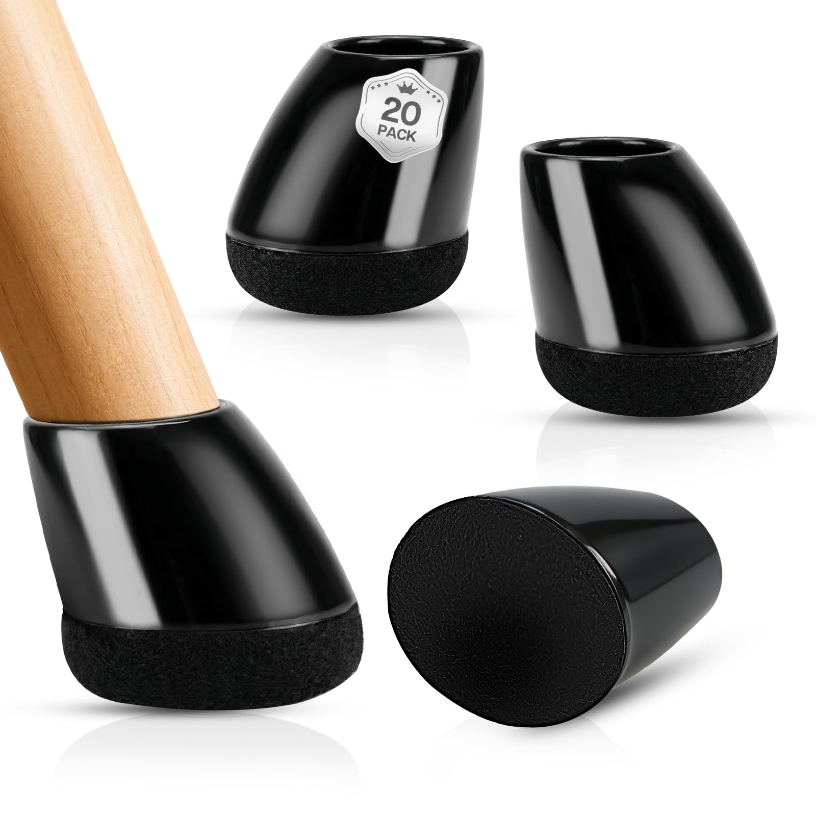 Embouts de pieds de chaise ronds et inclinés noirs 14-19mm avec feutre gris | Lot de 16
