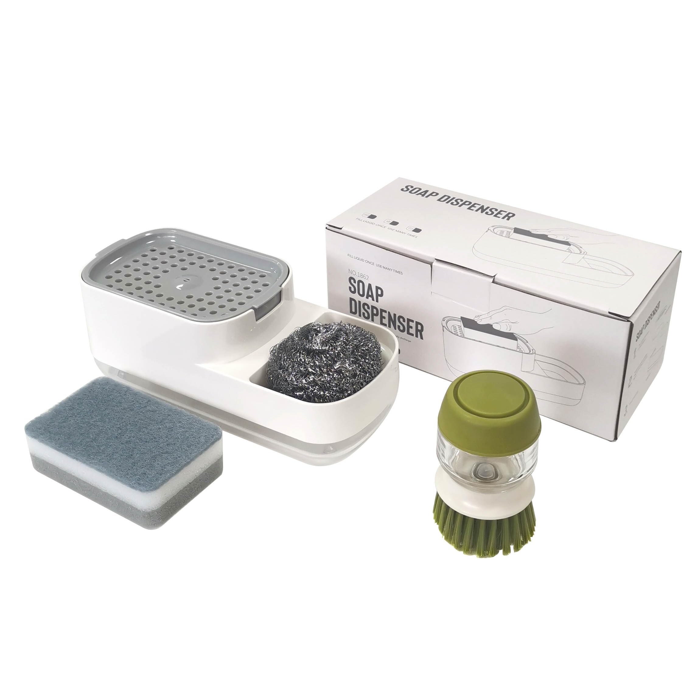4-in-1 Automatic Refillable Soap Dispenser for Kitchen with Brush and Accessories, Ideal for Cleaning Dishes, Pans, Pots and More Refillable and Compatible with Dishwasher and Liquid Soap.
