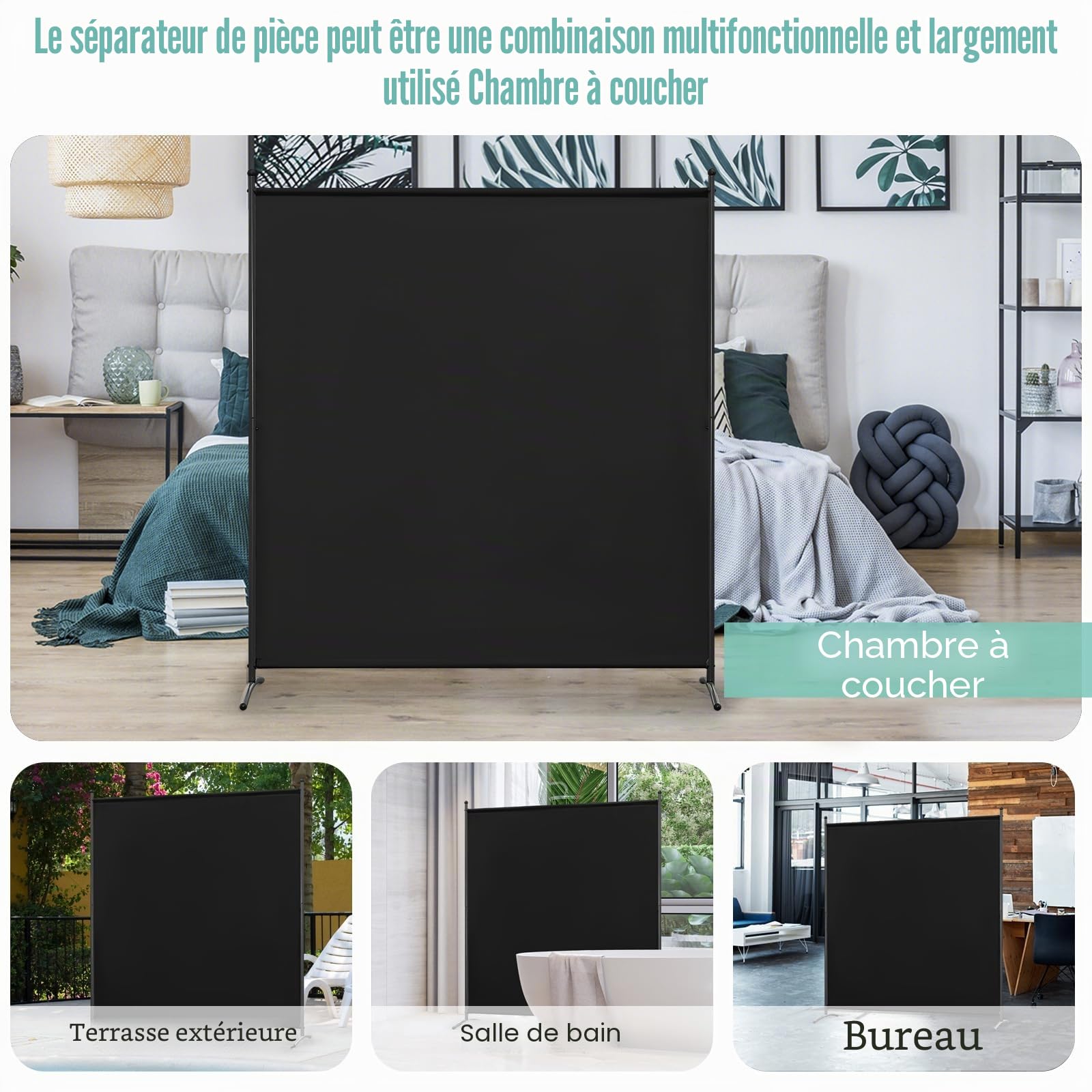 Angel Living Paravent 1 Panneaux Diviseurs de Chambre Séparateur de Panneaux Indépendant Paroi de Séparation Murale Séparation Visuelle pour Bureaux, Chambre à Coucher, 162 x 180cm (Noir)