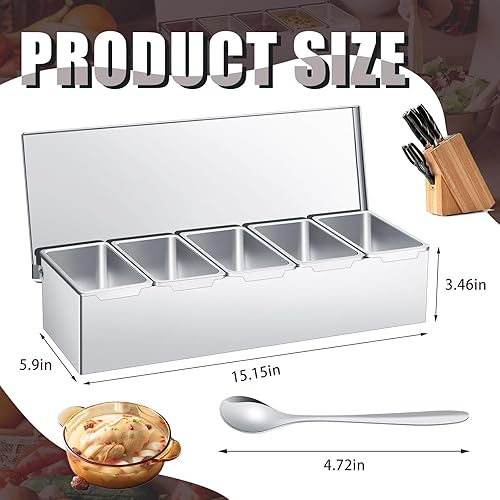 Miniatura 3 de Domensi 2 recipientes de condimentos de acero inoxidable con tapas, dispensador de condimentos, bandeja organizadora con 10 cucharas, barra de