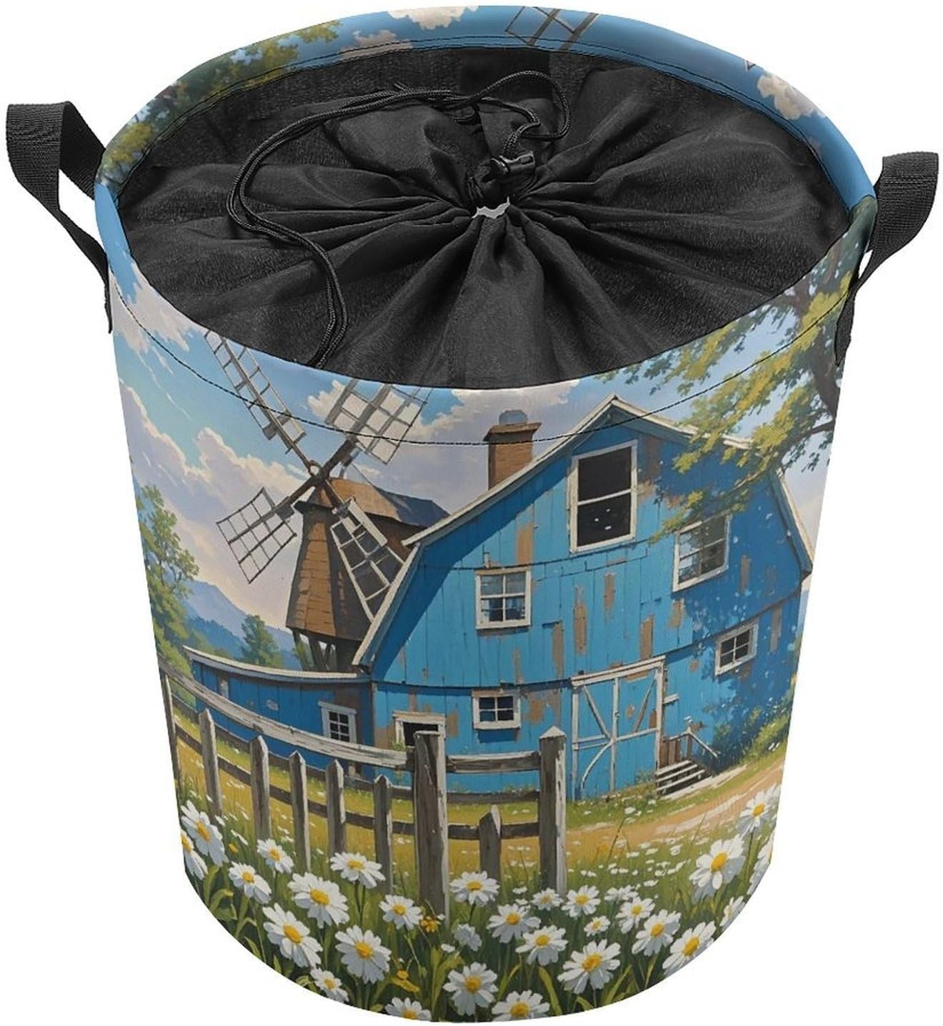 Rural Blue Valley Warehouse Laundry Bag Large Collapsible Laundry Baskets Freestanding Waterproof Clothes Hamper with Handles & Drawstring for Laundry Room Bedroom Bathroom