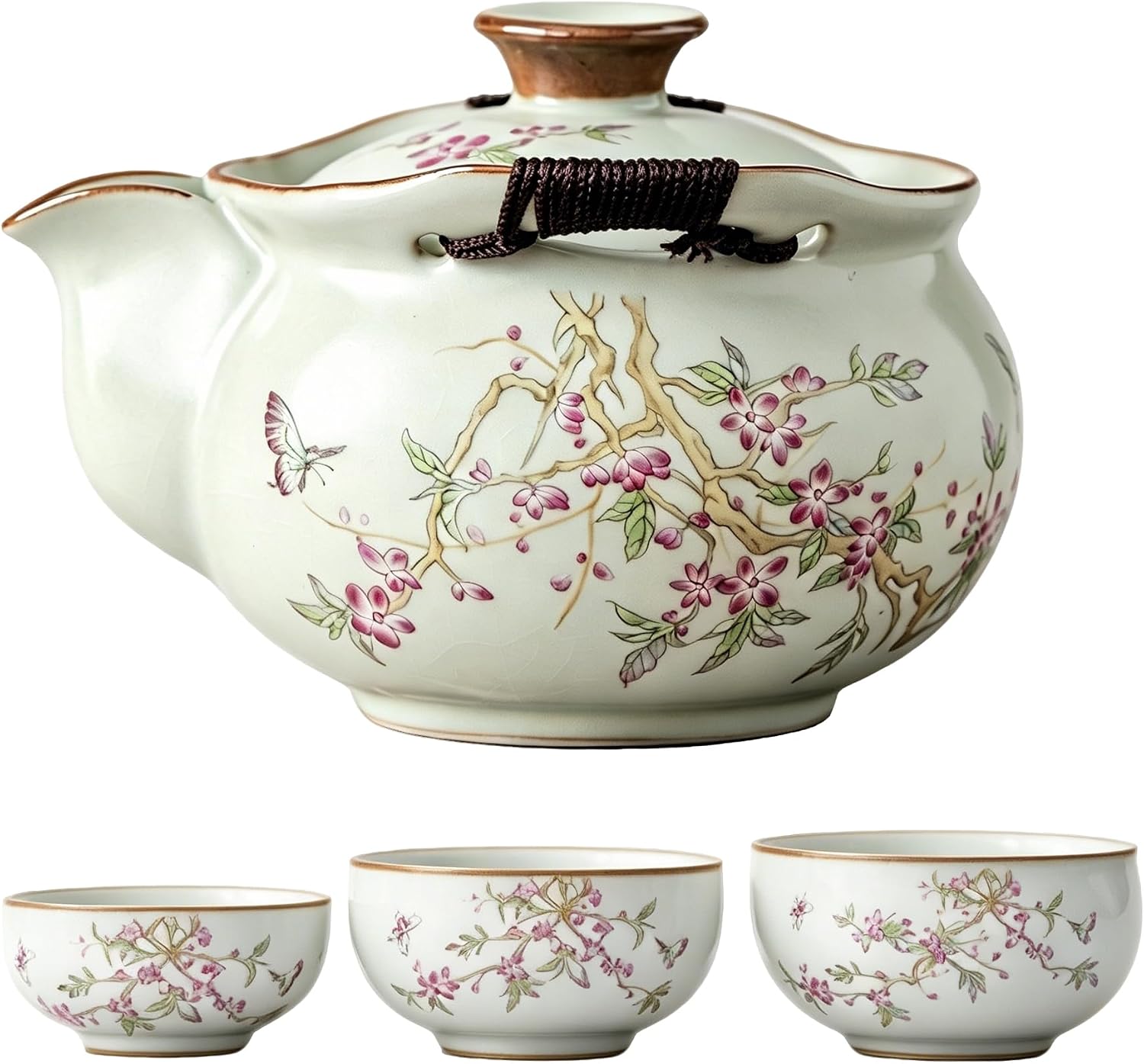Kiln-Formed Ceramic Tea Set Traditional, Chinese Kung Fu Travel Tea Set for Adults, Porcelain Tea Set with Teapot and 3 Tea Cup, Used for Home, Outdoor, gift (Wisteria Pattern)