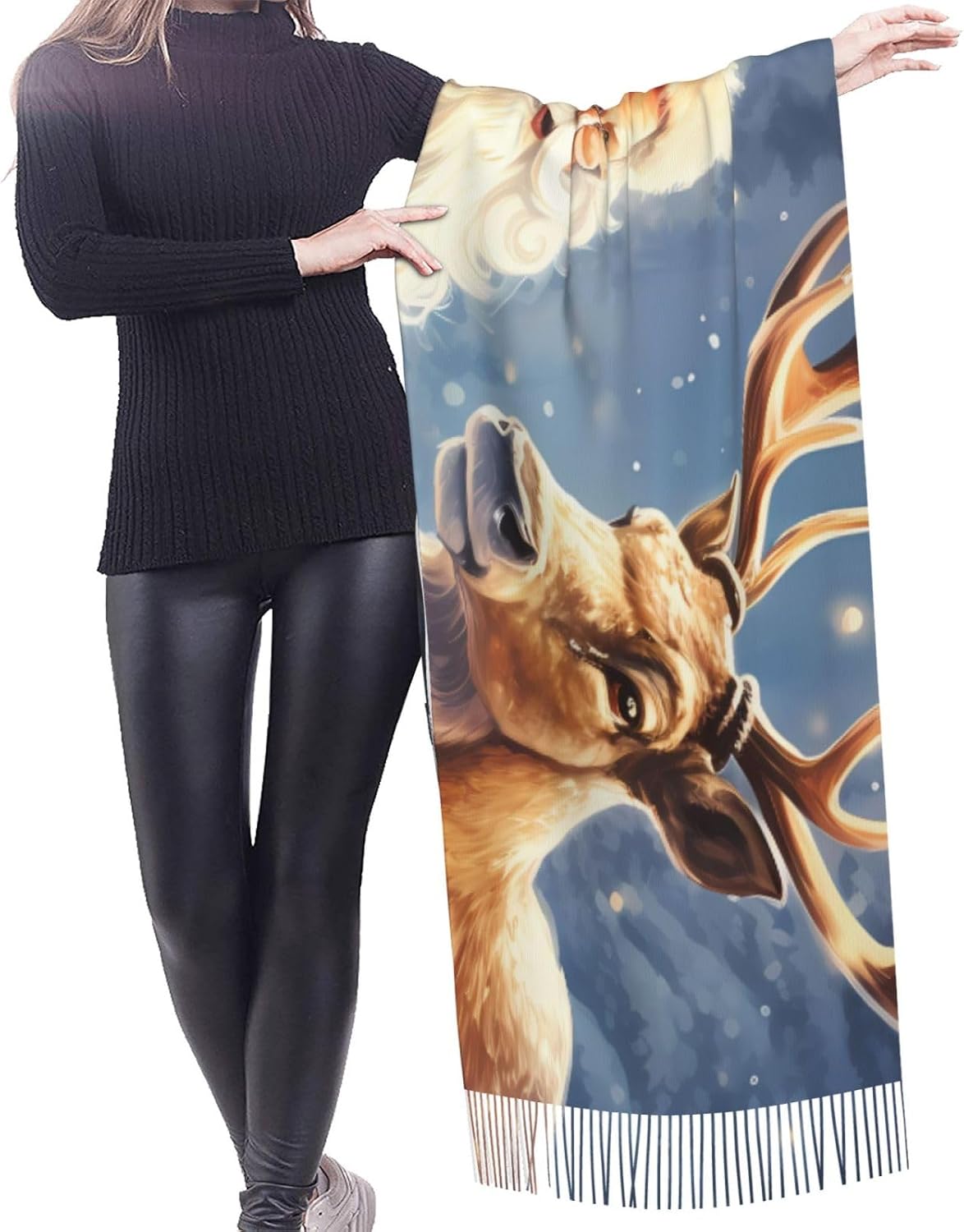 (Santa Claus and Deer Elk) Women's Soft Warm Scarf Large Plush Shawl Wrap with Fringe Fashion Winter Scarves for Cold Weather