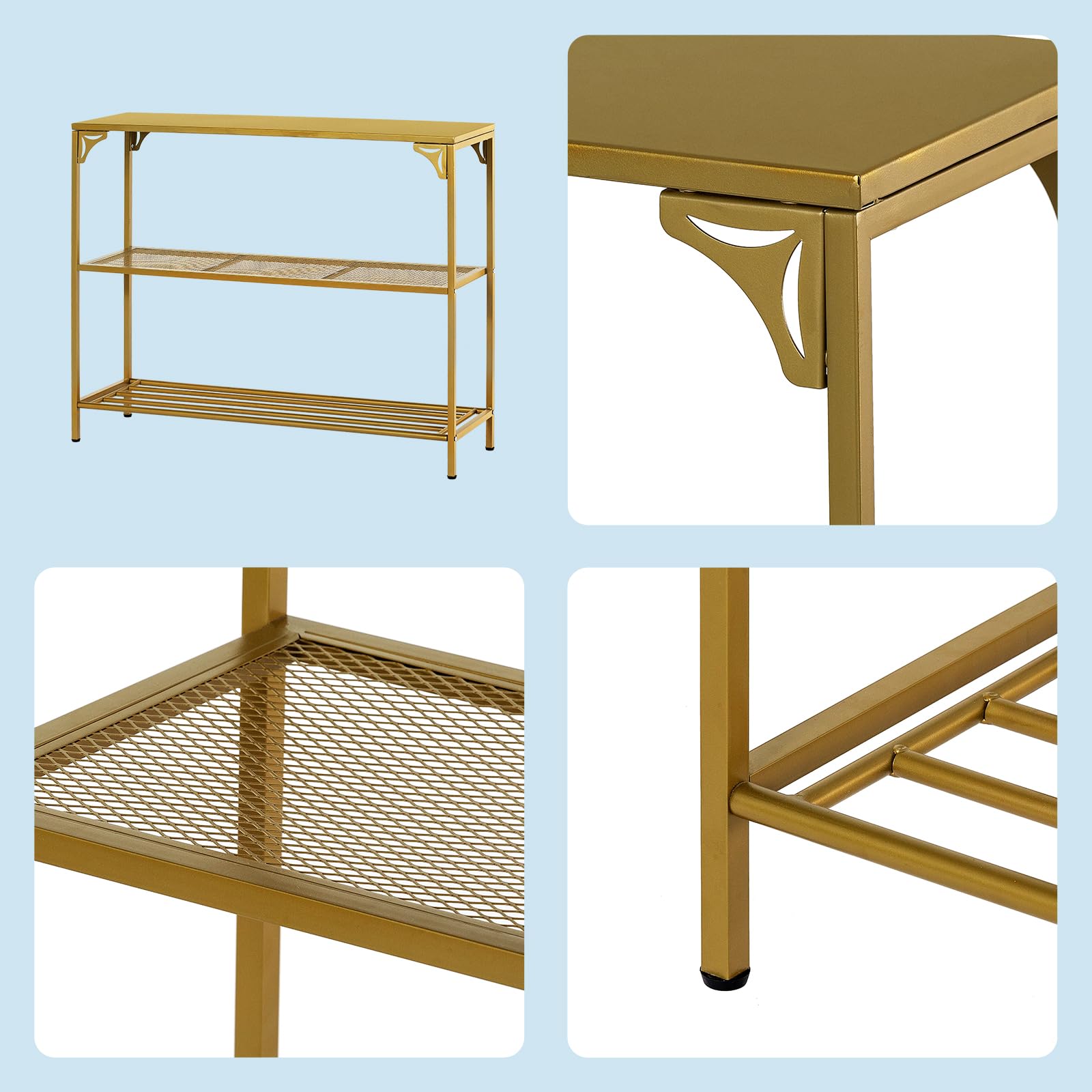 HDANI Schmaler Konsolentisch, 100 x 30 x 80 cm, Goldfarben | 2 Regale aus Netz, Metall-Beistelltisch, Für Wohnzimmer, Flur, Schlafzimmer und Büro