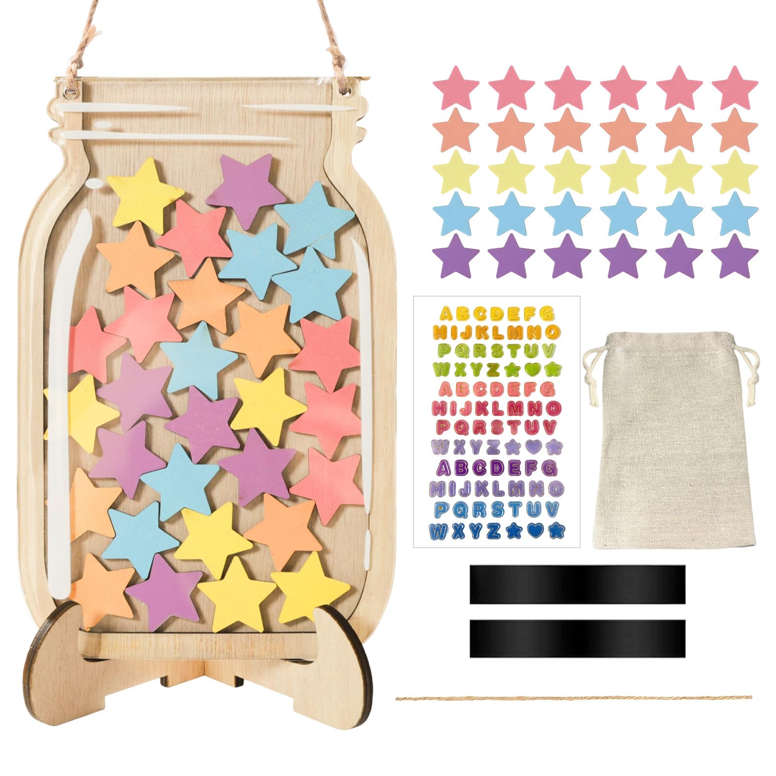 38 Pcs Reward Jars for Children, Wooden Star Reward Jar for Good Behaviour, Magnetic Reward Chart with Star Tokens, Star Jar with Stickers for Classroom Home