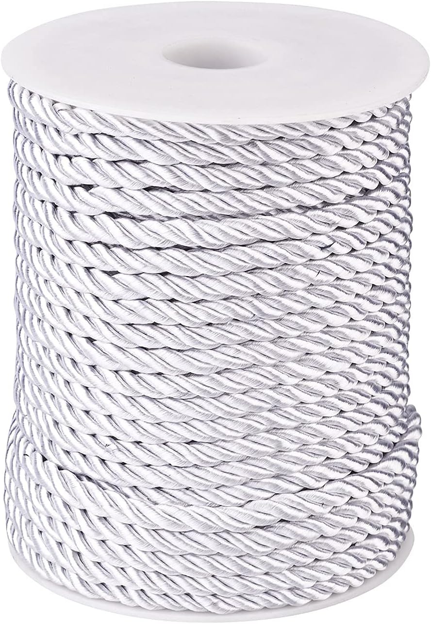 Cheriswelry 32 Yards Silky Twist Cord Round Polyester Binding Rope 5mm Trim Cord Roll for Jewellery Macrame Crafts Furnishing Upholstery Costume Home Decor, Silver