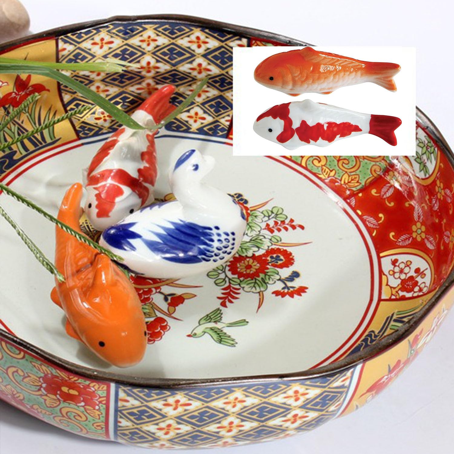 Lot De 2 Poissons Koï Flottants en Céramique - Décoration pour Bassin, Fontaine et Jardin