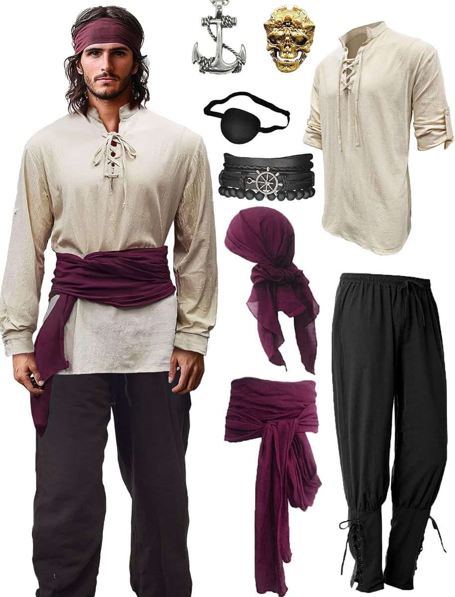 Verceco Mens Pirate Costume Outfit Renaissance Costume Men Medieval Outfit With Pirate Pants Shirts Sash Accessories (khaki, Medium)