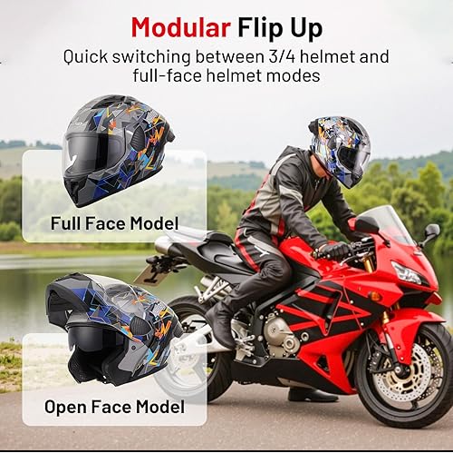 Miniatura 3 de DOT - Casco modular de motocicleta de cara completa, aprobado por DOT, abatible, doble visera, motocicleta, carreras, bicicleta de calle, casco