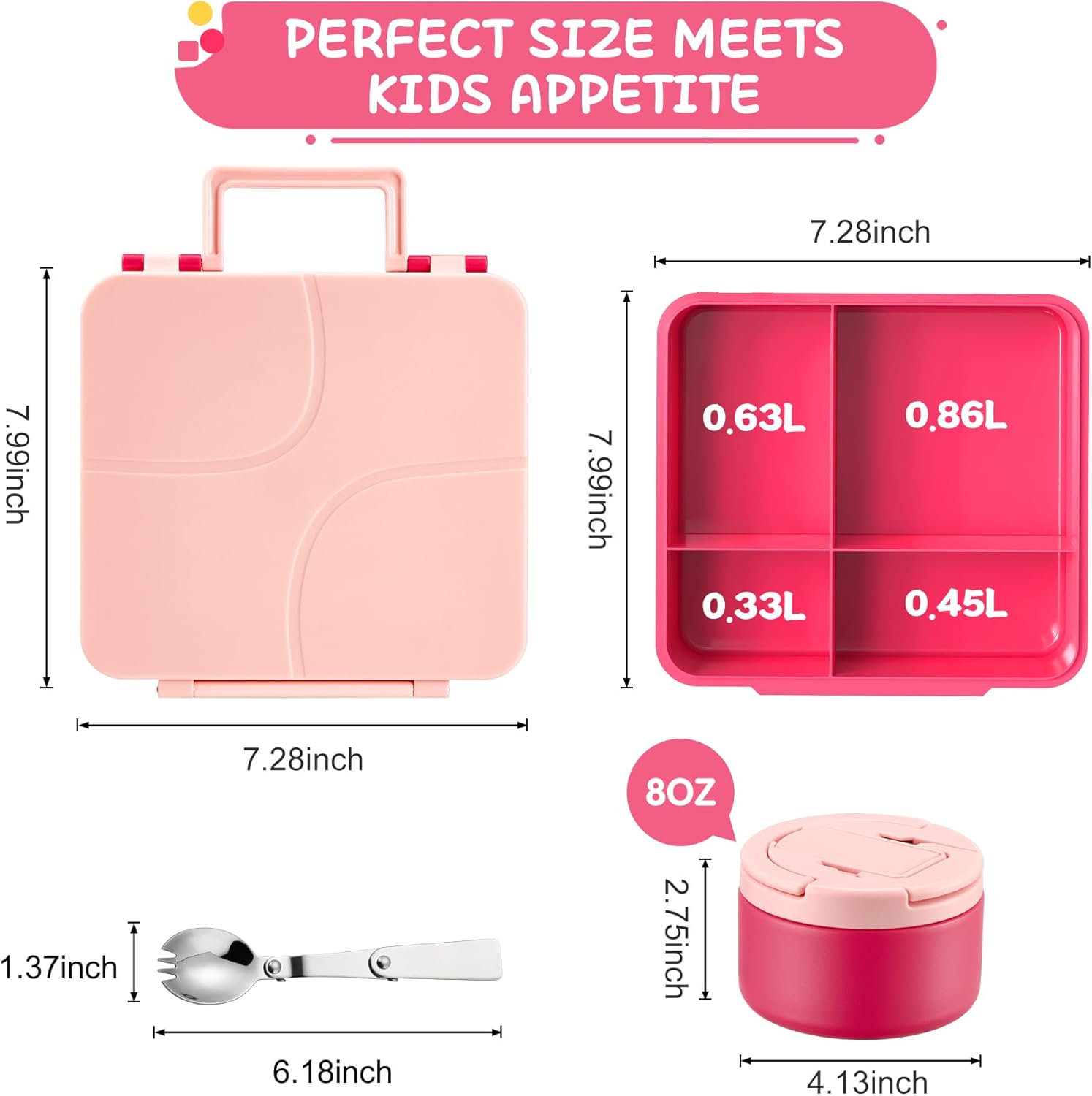 MAXSO Bento Lunch Box Set for Kids with 8 oz Soup Thermo, Leakproof Hot Food Container with 4 Compartments, Insulated Food Jar for Toddler Daycare Boys Girls School - Pink