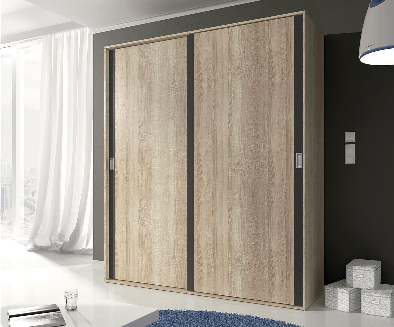 Armario con Puertas Correderas, Incluye 2 Estantes y 2 Barras para Colgar, Color Cambria-Grafito, 208 x 180 x 55 cm