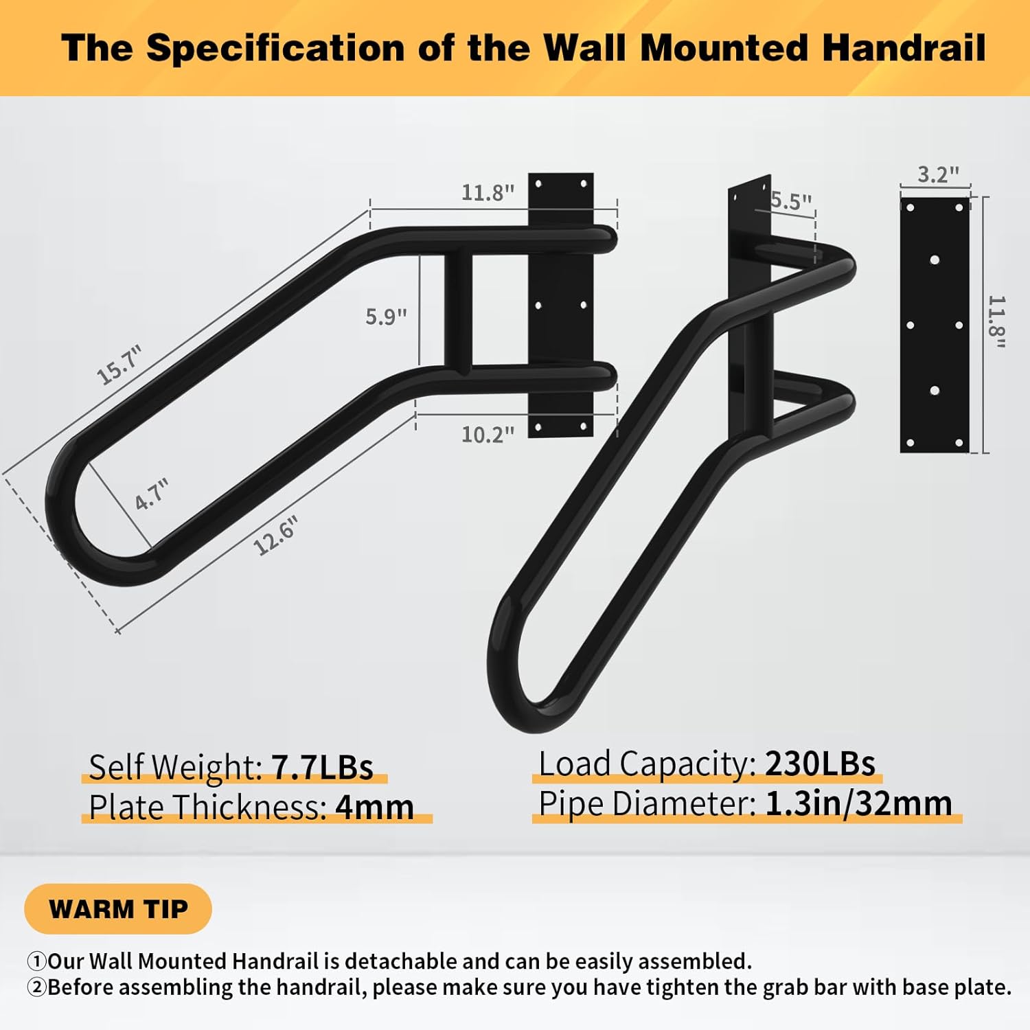 Right Side Wall Mounted handrail, Garge Door Stair Railing for 1-3 Steps(Polished Black, Right Side, 230LBs Loading)