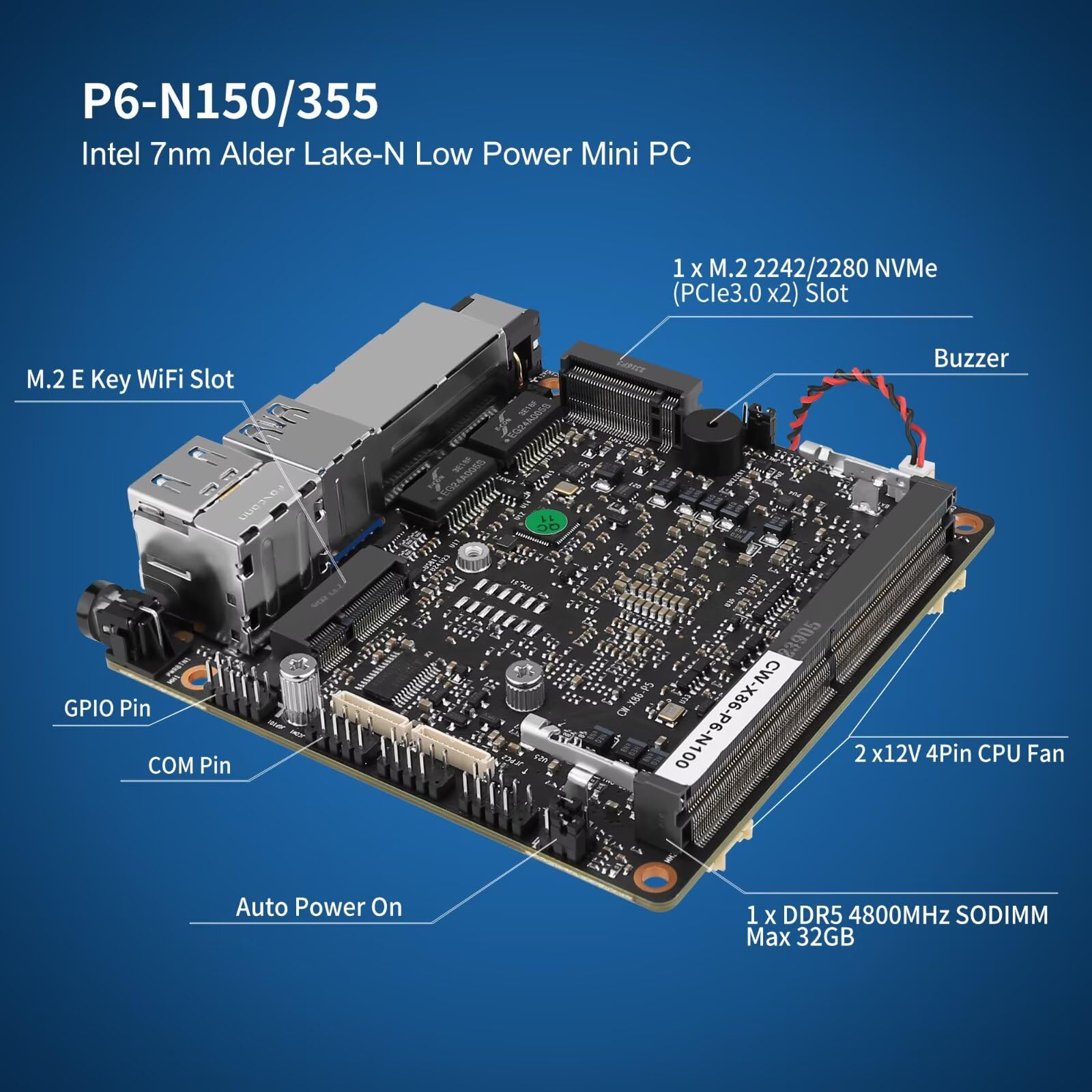 SJRC X86 P6 Mini PC sans ventilateur N150, 2 ports i226-V 2,5GbE LAN Micro Firewall Appliance Dual 4K HD, PC compact Win 11 Pro, DDR5 16 Go RAM 128 Go SSD, USB 3.2, pour bureau à domicile