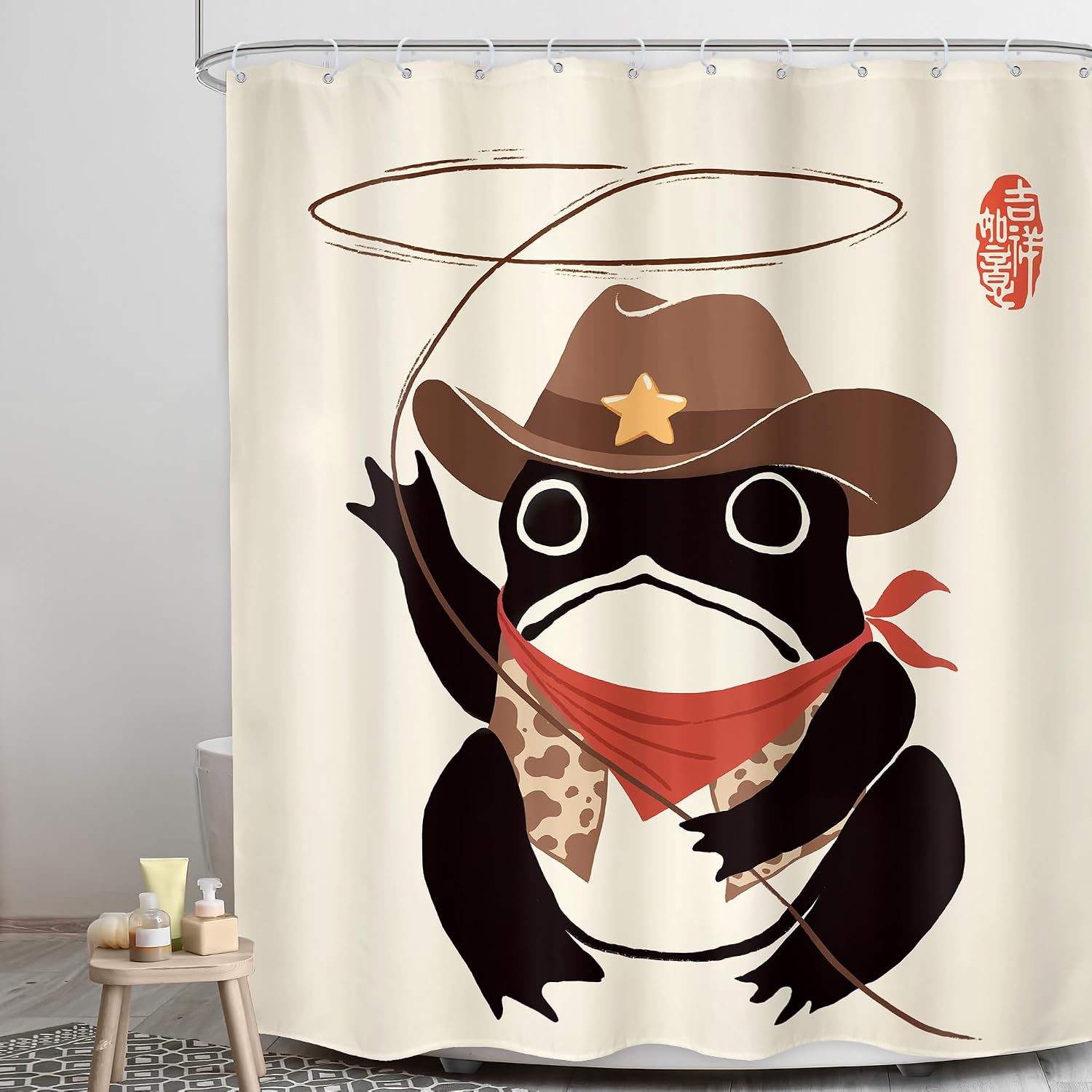 Funny Cowboy Frog Shower Curtain Bathroom Set 60Wx71H Inches Western Rodeo Animal Cute Hat Retro Asian Traditional Japanese Art Bath Accessories Black Beige Art Home Decor Fabric 12 Pack Hooks