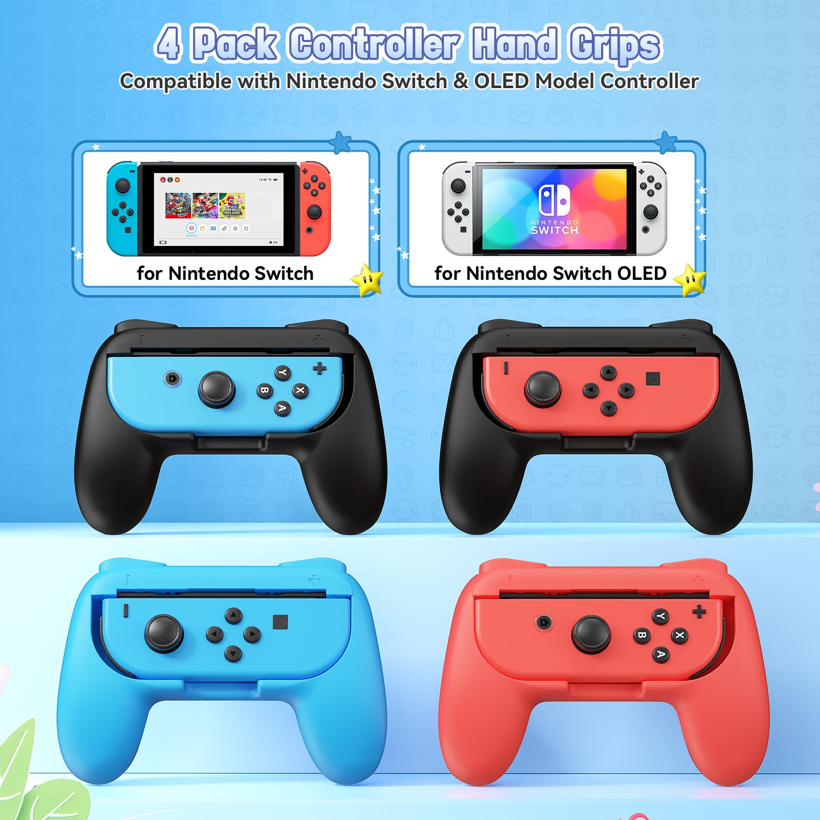 FASTSNAIL Lot de 4 Poignées Compatible avec Nintendo Switch&OLED, Grip Compatible avec JoyCon Interrupteur avec 12 Capuchons de Préhension pour Pouce(Noir, Bleu et Rouge)