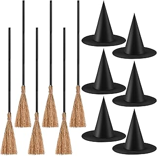 12 Pieces Halloween Costume Accessories Set with 6 Halloween Retractable Witch Broom and 6 Cosplay Witch Hats Decorations Straw Bamboo Witch Broomstick Plastic Broom Props for Party Decoration