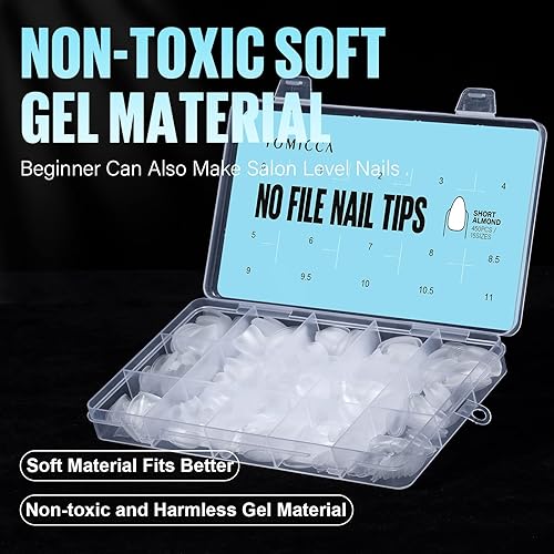 Miniatura 7 de TOMICCA Puntas de uñas cortas de almendra, kit de 450 puntas de uñas de gel suave, 15 tamaños de puntas postizas de almendra prepulidas, uñas