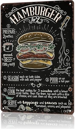 Funny Vintage Metal Sign Hamburger Recipe Posters Wall Art Print for Office Dorm Man Cave Garage Decor 8X12inch