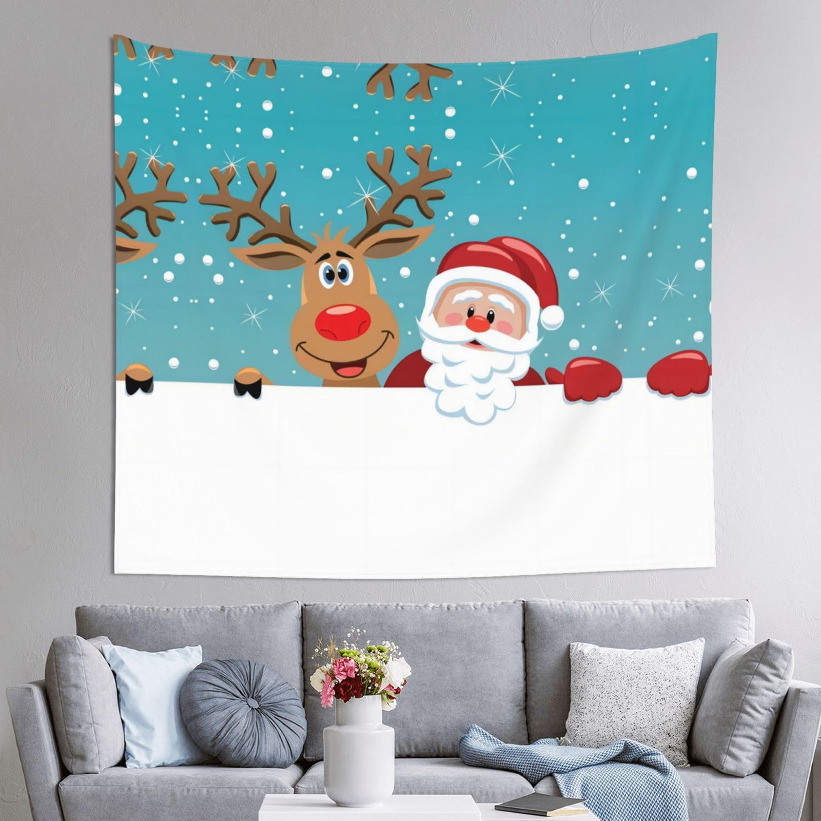 HLSBSSL 60x51in Sant Claus Deer Printed Tapestry Tablecloth for Dormitory and Picnic Rooms - Multifunctional Fabric Hanging