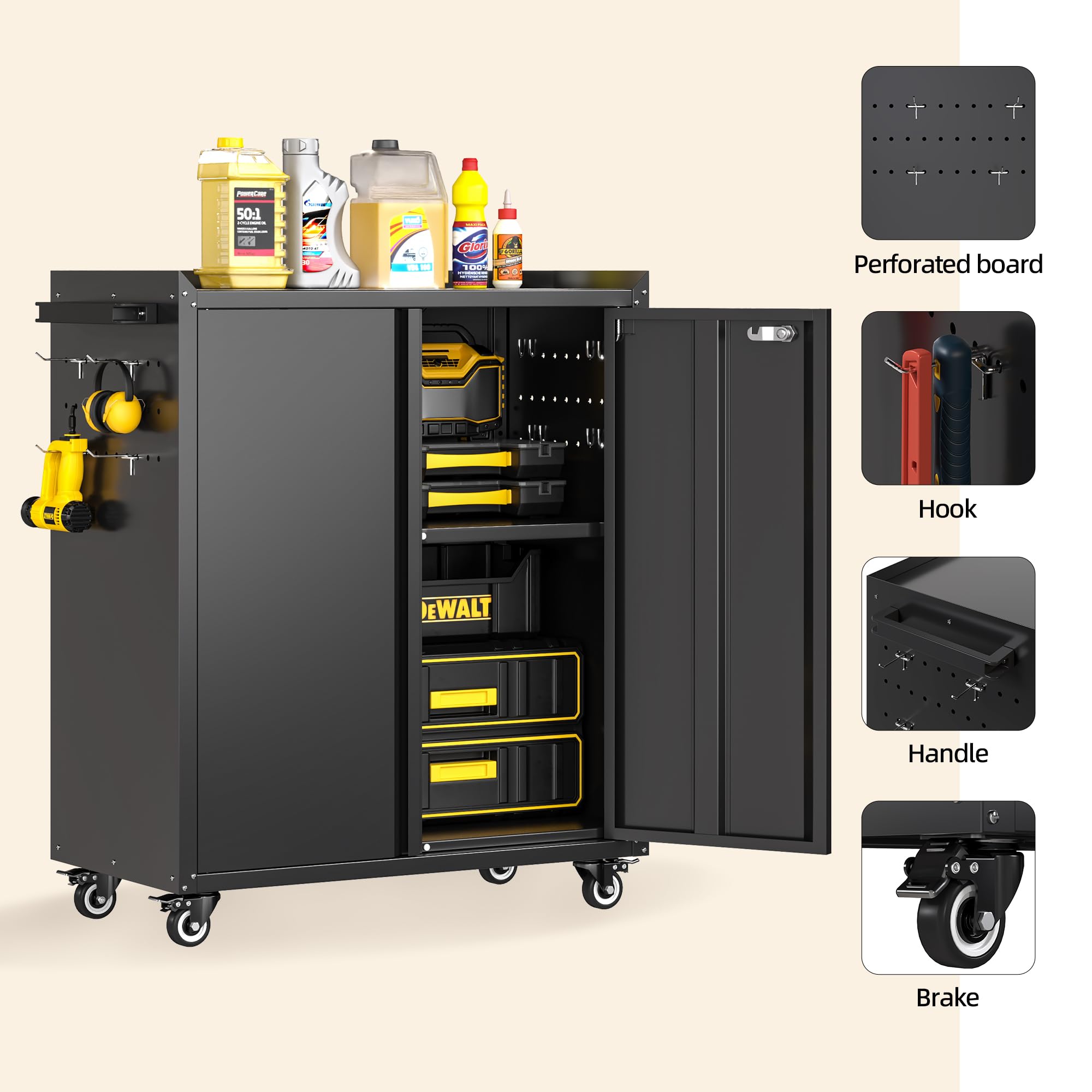 Armadio degli attrezzi con ruote e maniglia, con ripiani regolabili, con piastra forata e 4 ganci, 80 x 66 x 35 cm, armadio in acciaio chiudibile, adatto per garage, cantina e ufficio (nero)
