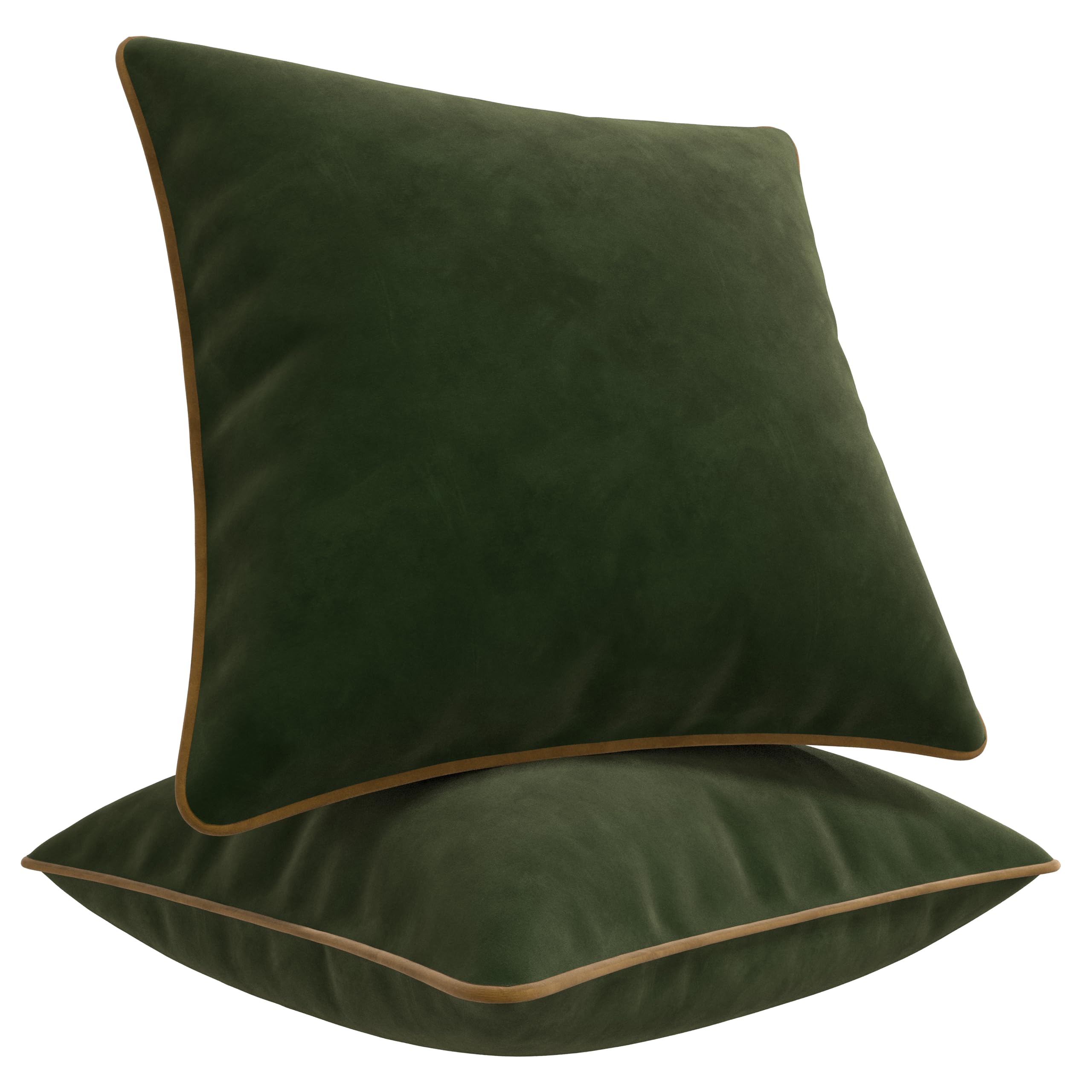 Blau Marité Set of 2 Velvet Throw Pillow Covers with Contrast Piping, Soft Decorative Cushion Covers, Green and Camel