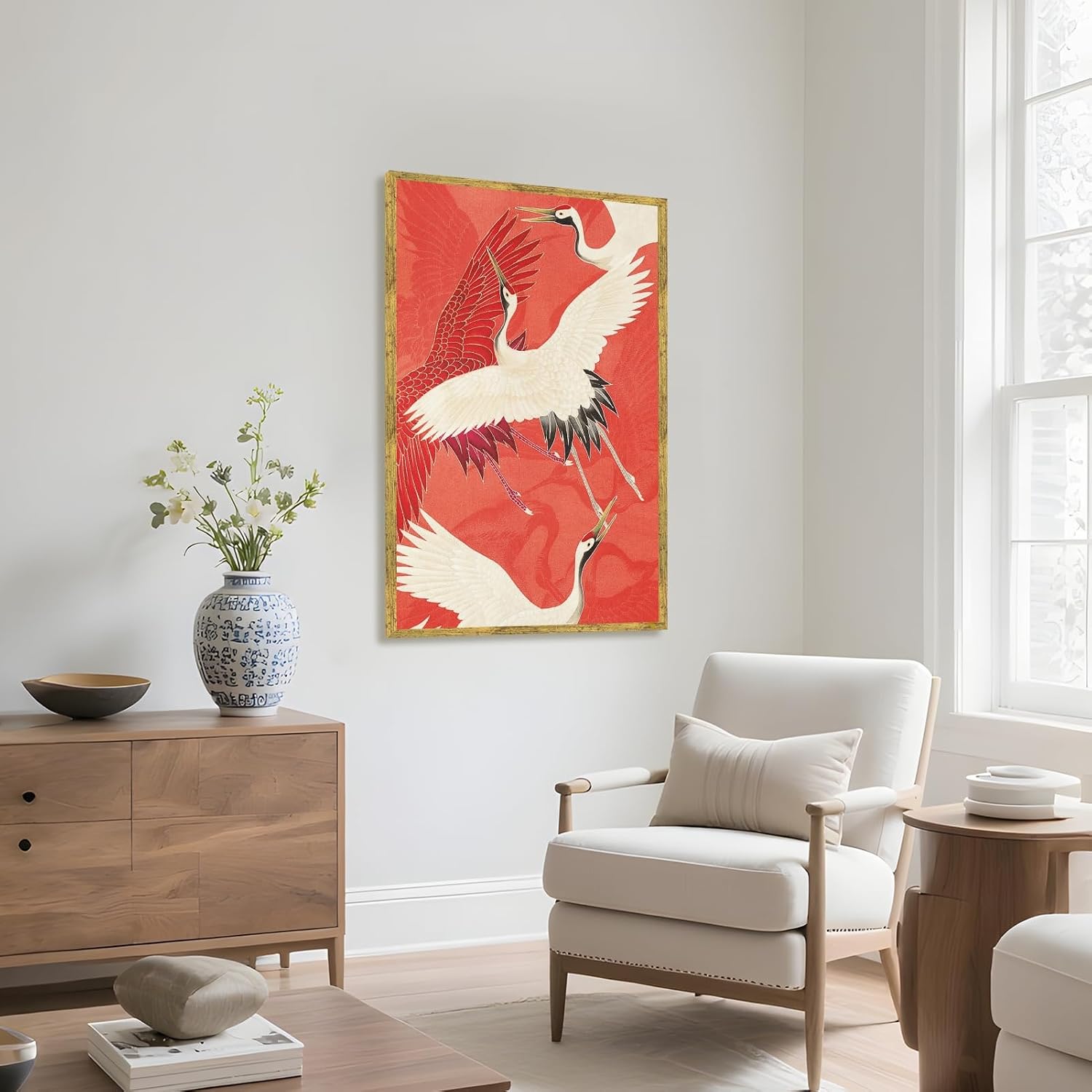 Large Gold Framed Crowned Crane Canvas Wall Art New Asian Style Red White Japanese Big Bird Painting Poster Traditional Elegant Cranes Japandi Artwork Prints for Bedroom Zen Room Decor 24x36inch