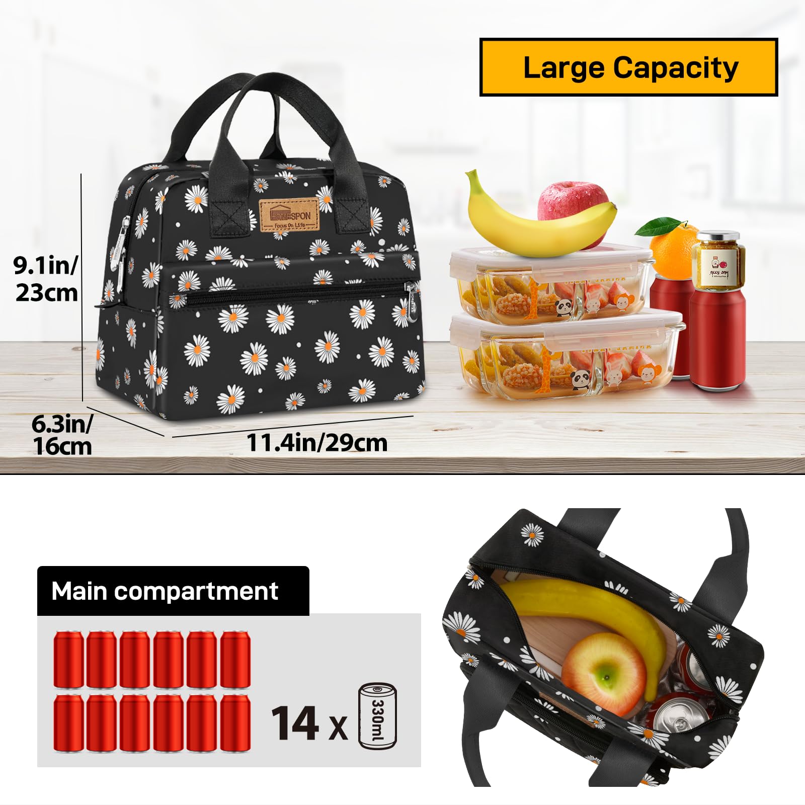 HOMESPON Insulated Lunch Bag for Women Men Work Adult Cool Bag Lunch Box Large Capacity Ladies Tote Bag(Black Daisy) - Image 3
