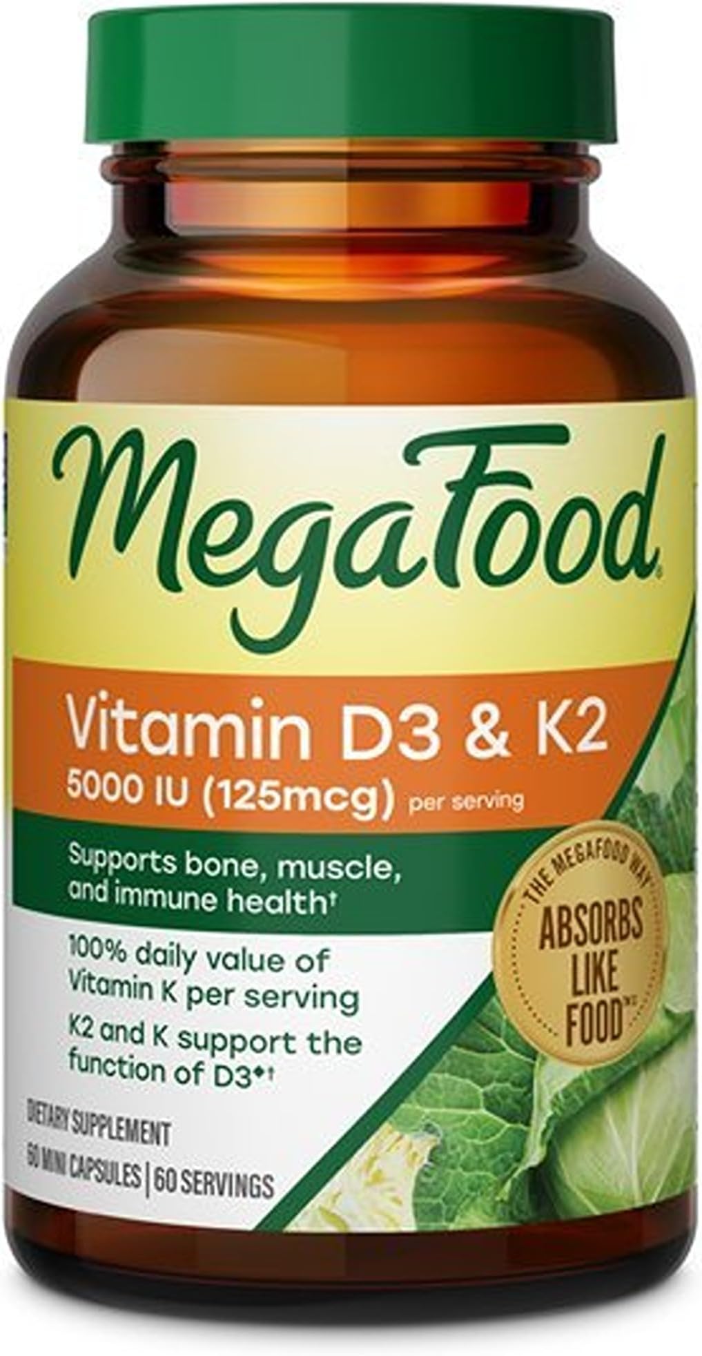 MegaFood Vitamin D3 & K2 5000 IU (125 mcg), 60 Mini Capsules | Supports Bone, Teeth, Muscle & Immune Health, Vitamin K2 & K Support the Function of D3, Non-GMO, Vegetarian, 60 Servings