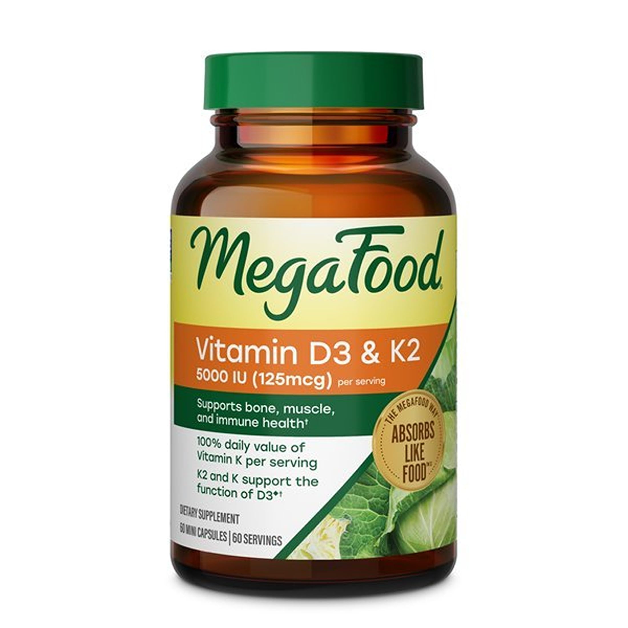 MegaFood Vitamin D3 & K2 5000 IU (125 mcg), 60 Mini Capsules 60 Count (Pack of 1)