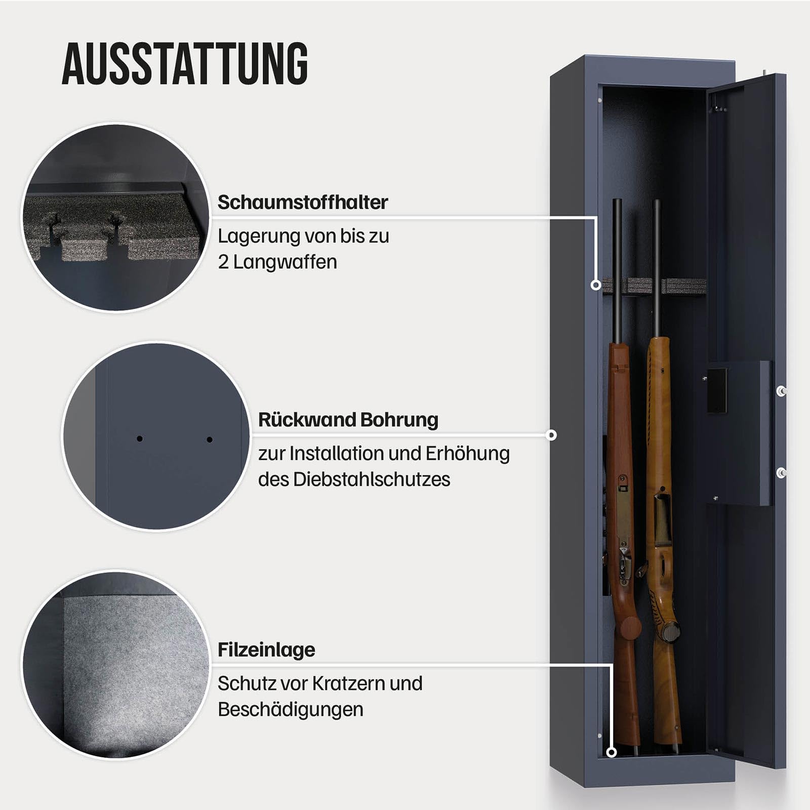 Profirst Waffenschrank Forest 2 Elektronikschloss Notöffnung Reset-Button Stahl Platz für 2 Langwaffen Schaumstoffwaffenhalter inkl. Befestigungsmaterial
