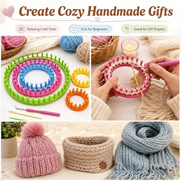 JAMIT Round Knitting Looms Set Craft Kit DIY Tool with Hook Needle, Set of 5 Plastic Looms Knitting for Hat Scarf Shawl Sweater Sock and Blankets