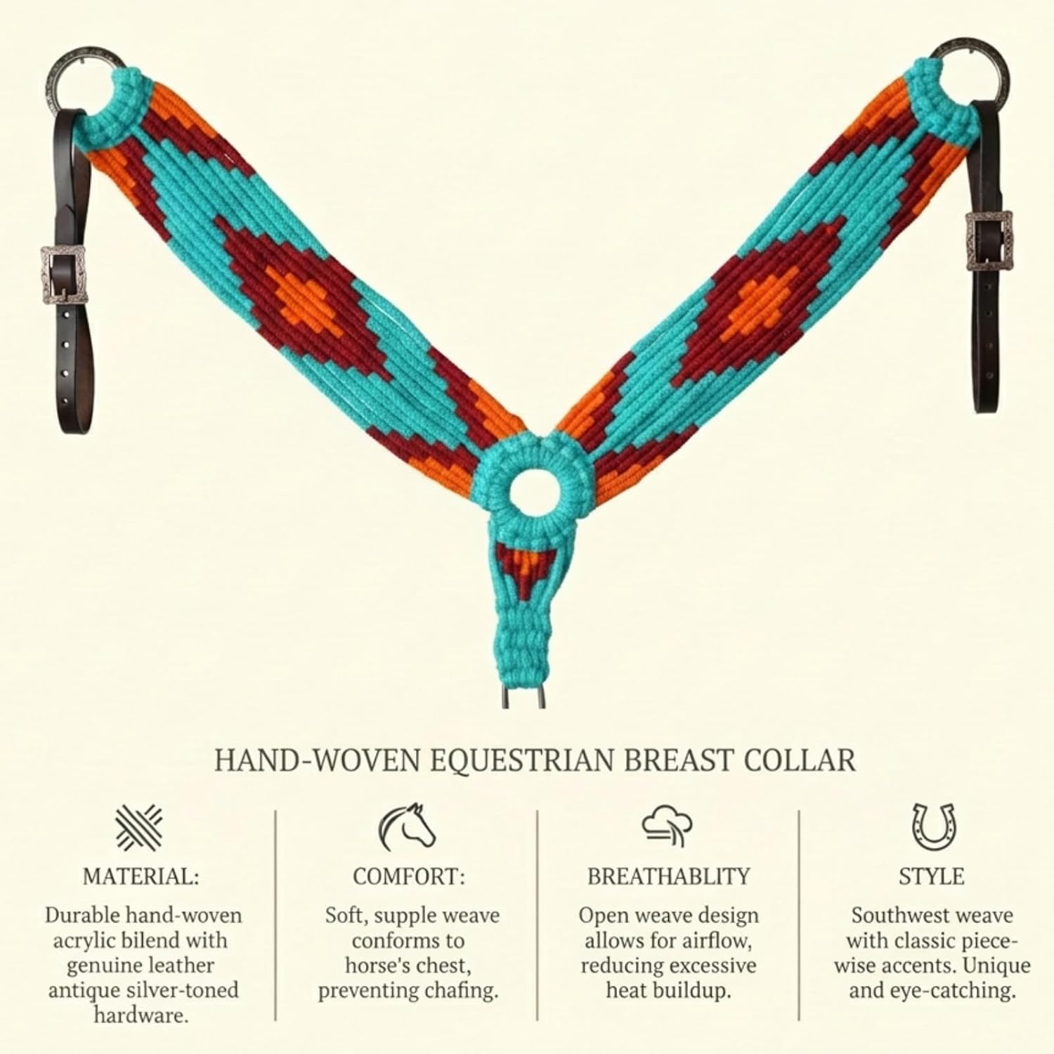 Handwoven Mohair Horse Breast Collar, Pure Wool Western Breastcollar with Geometric Pattern, Durable Leather Straps & Hardware, Comfortable Tack for Riding and Training