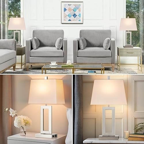 Miniatura 4 de Juego de 2 lámparas de mesa con puertos USB C+A y salida de CA, lámparas de noche, lámparas modernas para dormitorio, lámparas plateadas para