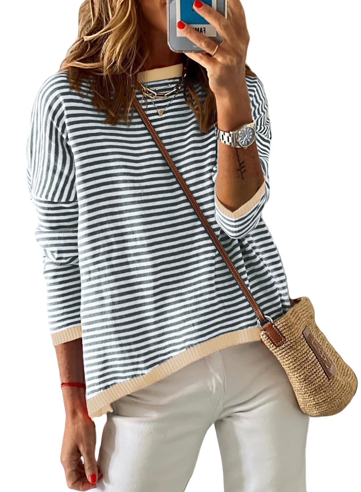 Cuptacc Jersey para Mujer A Rayas Sudadera Mujer Manga Larga Cuello Redondo AlgodóN Tops AlgodóN Casual Punto Jersey Mujer, Beigerrot