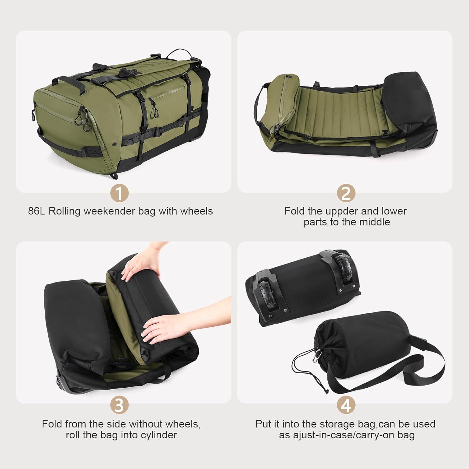 29" 86L Foldable Wheeled Duffle Bag, Waterproof Travel Rolling Backpack with Quilted Bottom, Army Green - Image 6