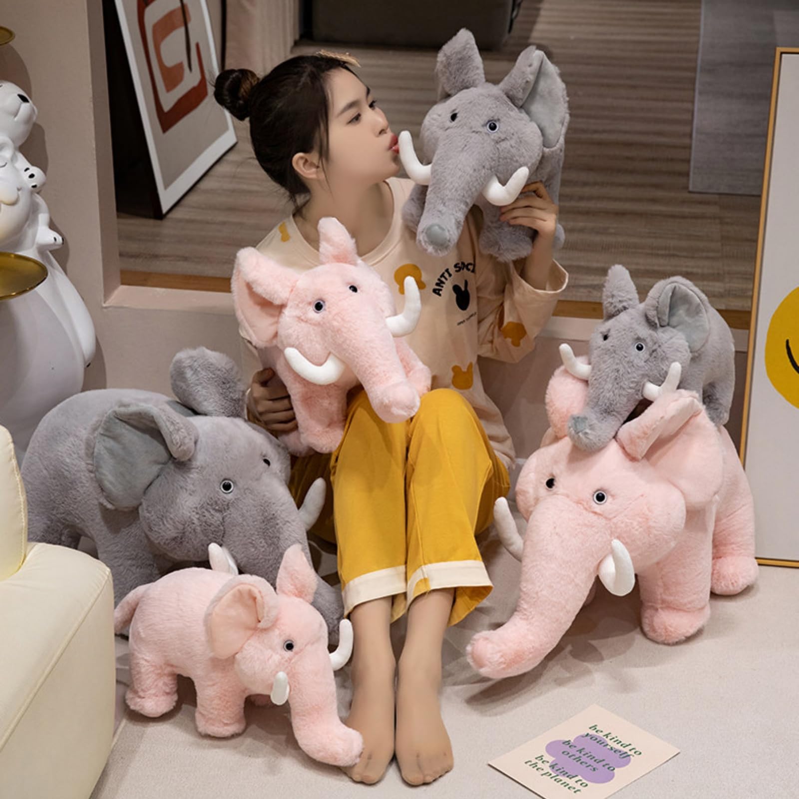 Elefant Kuscheltier, Weiches Kuscheltier in Hellgrau mit Großem Rüssel & Ohren 35/45/60cm, Kawaii Flauschiger Blauer Elefant, Gefülltes Tierfigur, für Kinder Baby Mädchen Jungen (60cm,Rosa)