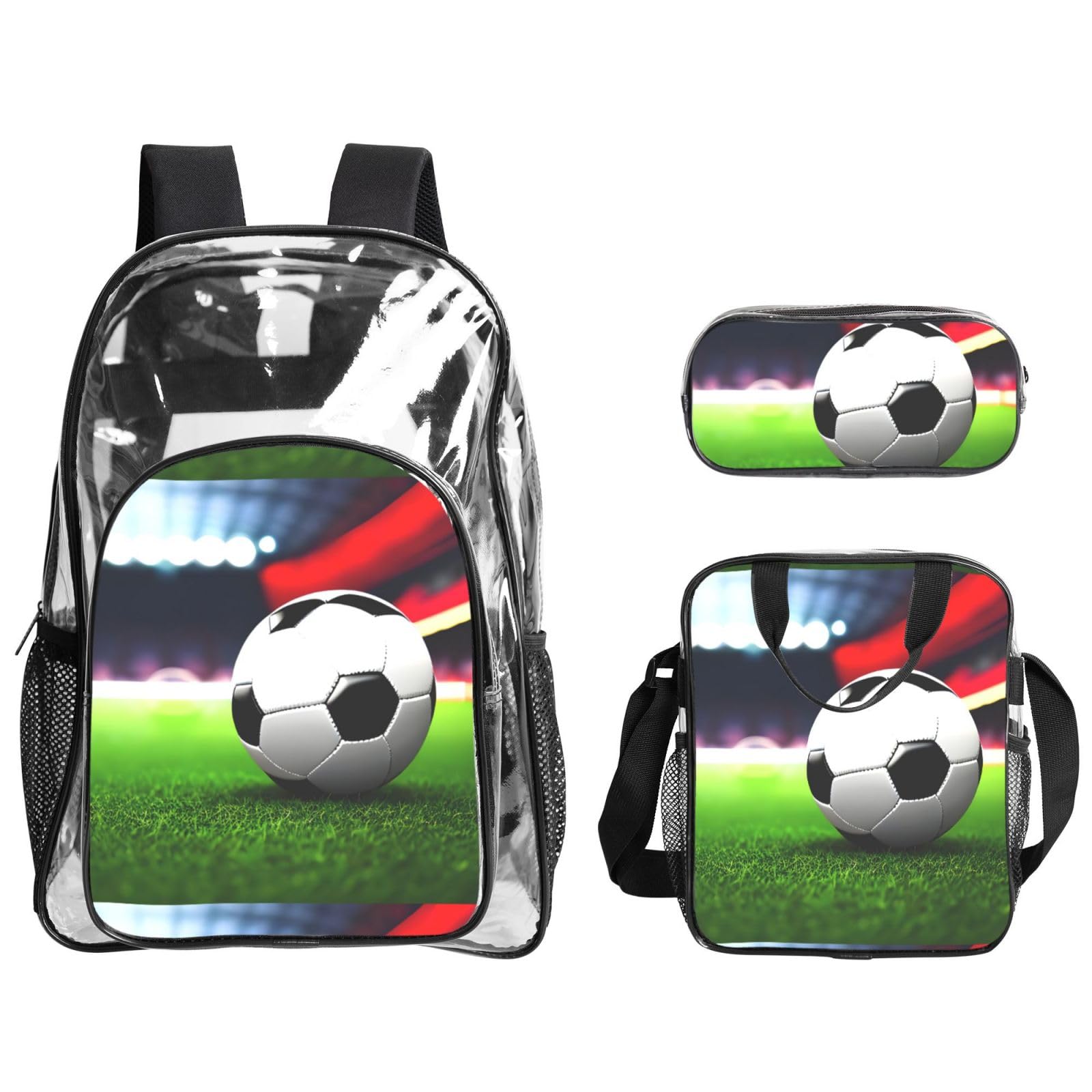 Juego de bolsas transparentes de 3 piezas con estampado de balón deportivo de fútbol para niños, bolsa transparente con bolsa de almuerzo aislada incluida
