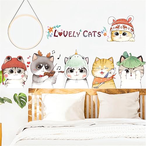 Miniatura 4 de Calcomanías de pared de seis lindos gatitos, gatos encantadores de sacinora pintadas a mano, calcomanías de pared de animales de dibujos animados,