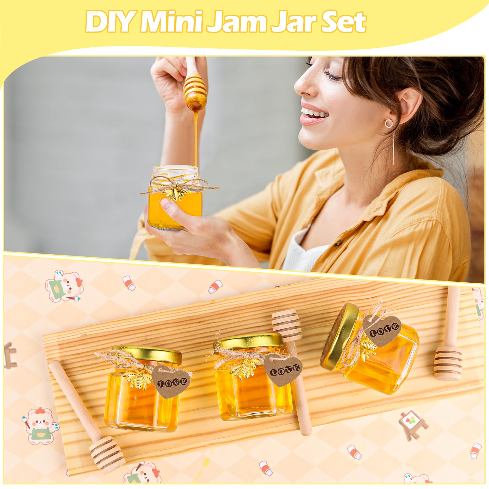 VFANDV Mini Vasetti per Miele Esagonali in Vetro, 25 Pezzi 45ml Piccoli Barattoli per Miele con Dippers di Legno, Ciondoli di Api, Biglietti di Ringraziamento