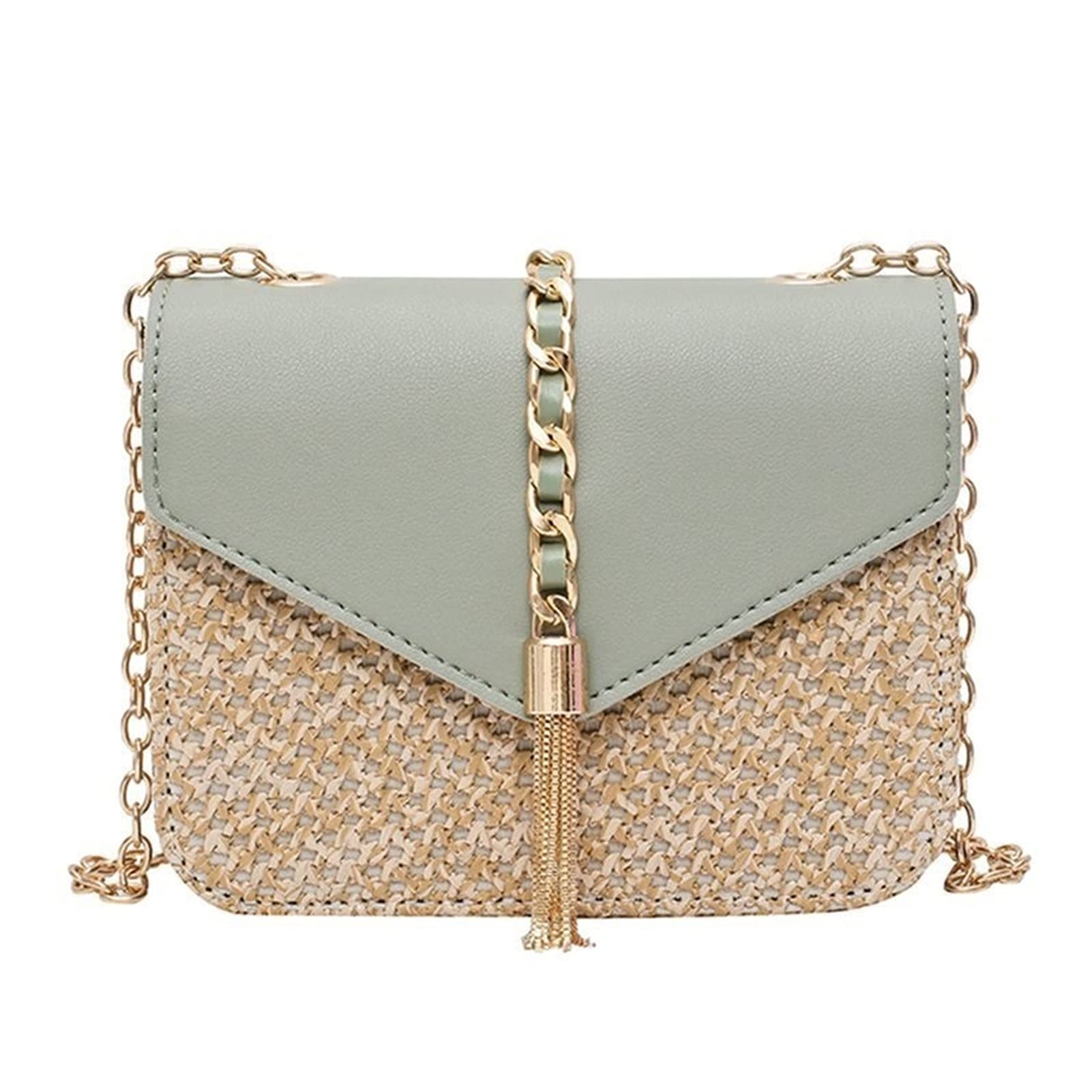 Capazo Playa,Bolsos De Mimbre Bolsas de colgajo de Cadena con Flecos para Mujer de Paja. + PU Bolsas de Crossbody Bolsos de Hombro Messenger Beach Messenger(Black)