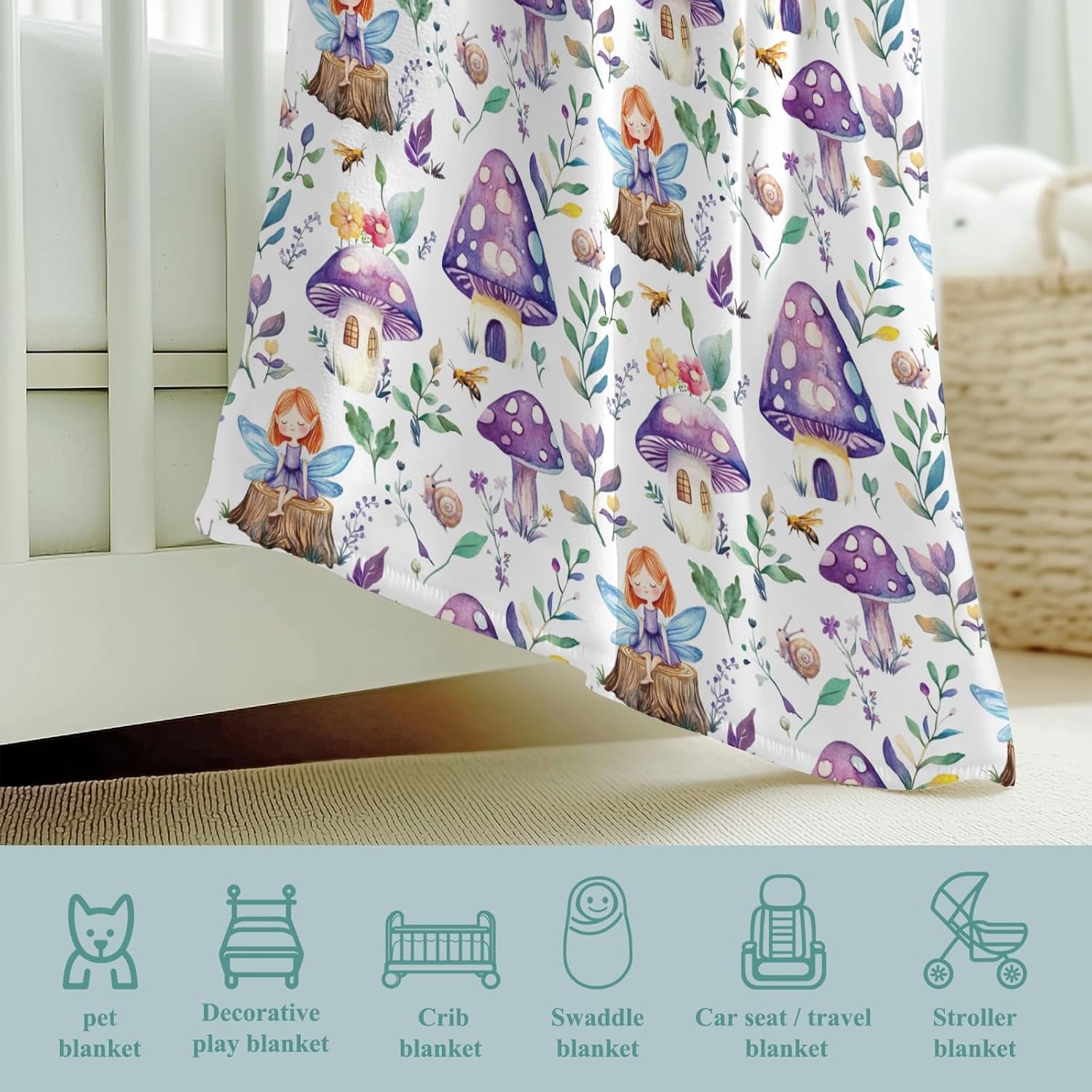 Cute Magical Fairies Mushroom Purple Baby Boy Girl Blankets Flannel Fleece Snails Bees Boho Leaves Wildflowers Blanket Breathable Toddler Infant Newborn Blanket Bee 50x60inch