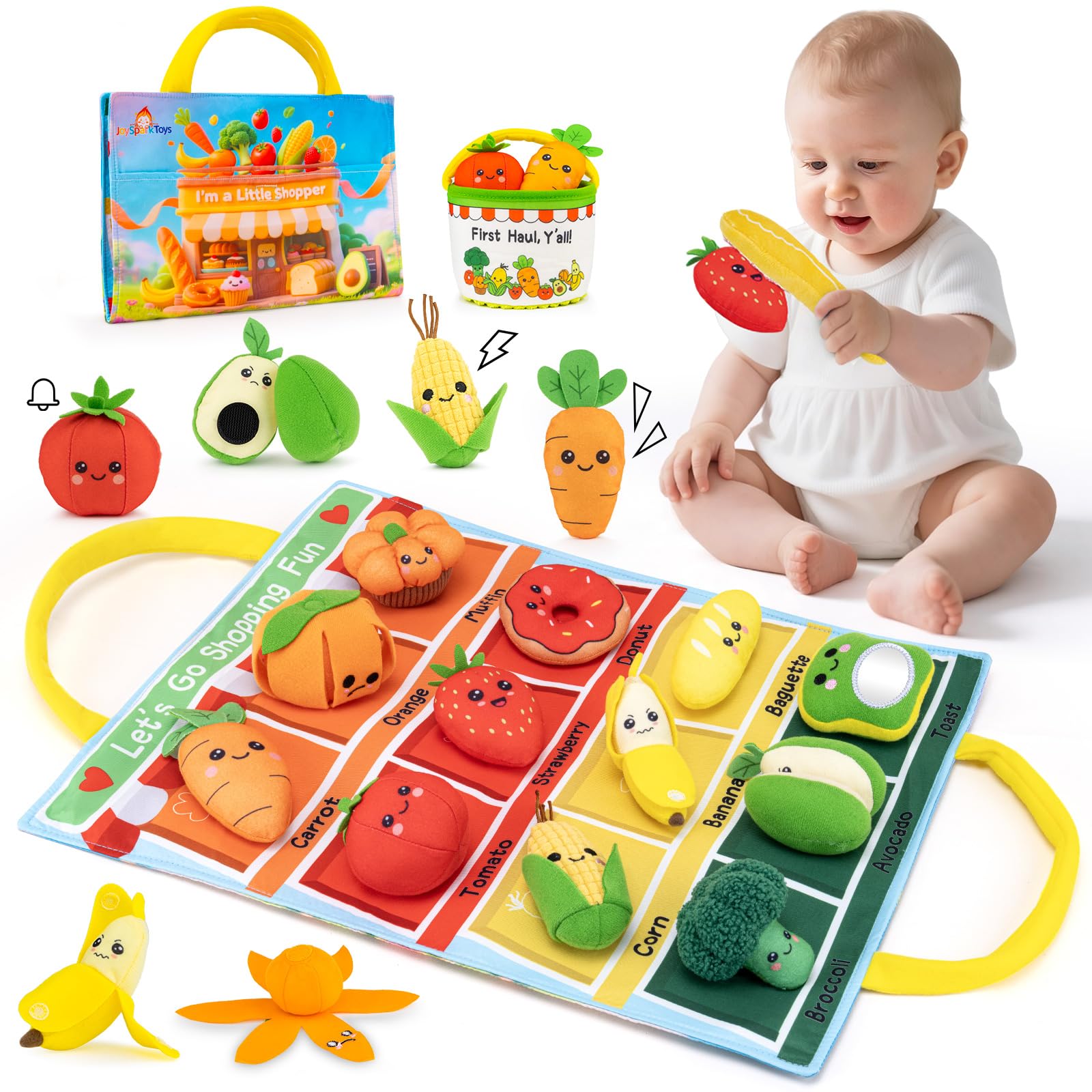 Montessori Toys for 1 Year Old, Baby Sensory Toys 6-12 Months with Color Sorting Play Food – My First Shopping Trip Crinkle & Rattle Set, Fine Motor Skills Learning Gift for Toddler 1-2 Boy Girl