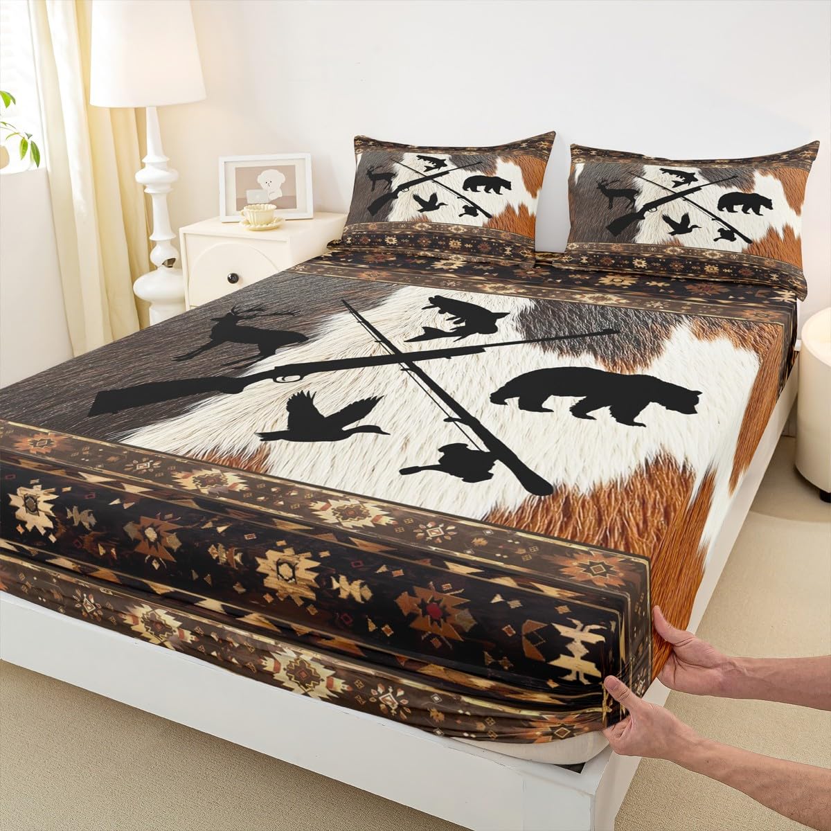 Homewish Juego de sábanas bajeras rústicas, tamaño King, estilo casa de campo, estilo casa de campo, estampado de piel de vaca, oso, ciervo, pez, pato, para niños, adolescentes, niñas, caza, pesca