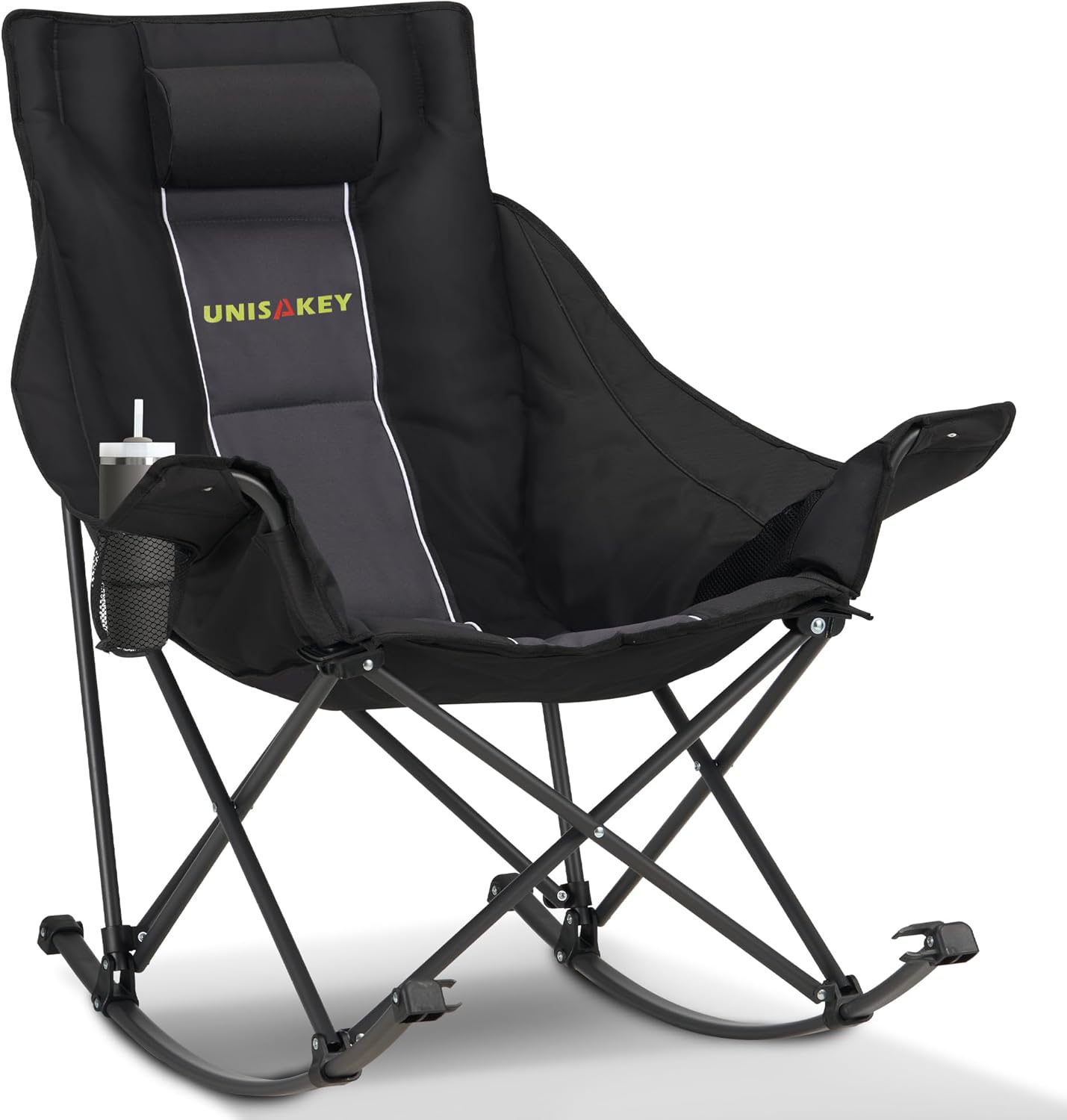 Oversized Rocking Camping Chair with Headrest & Cup Holder - 400lbs Capacity, 600D Oxford Fabric, Easy Fold Portable Outdoor Rocker Chair for Camping, Backyard, Beach, Deep Gray Deepgray