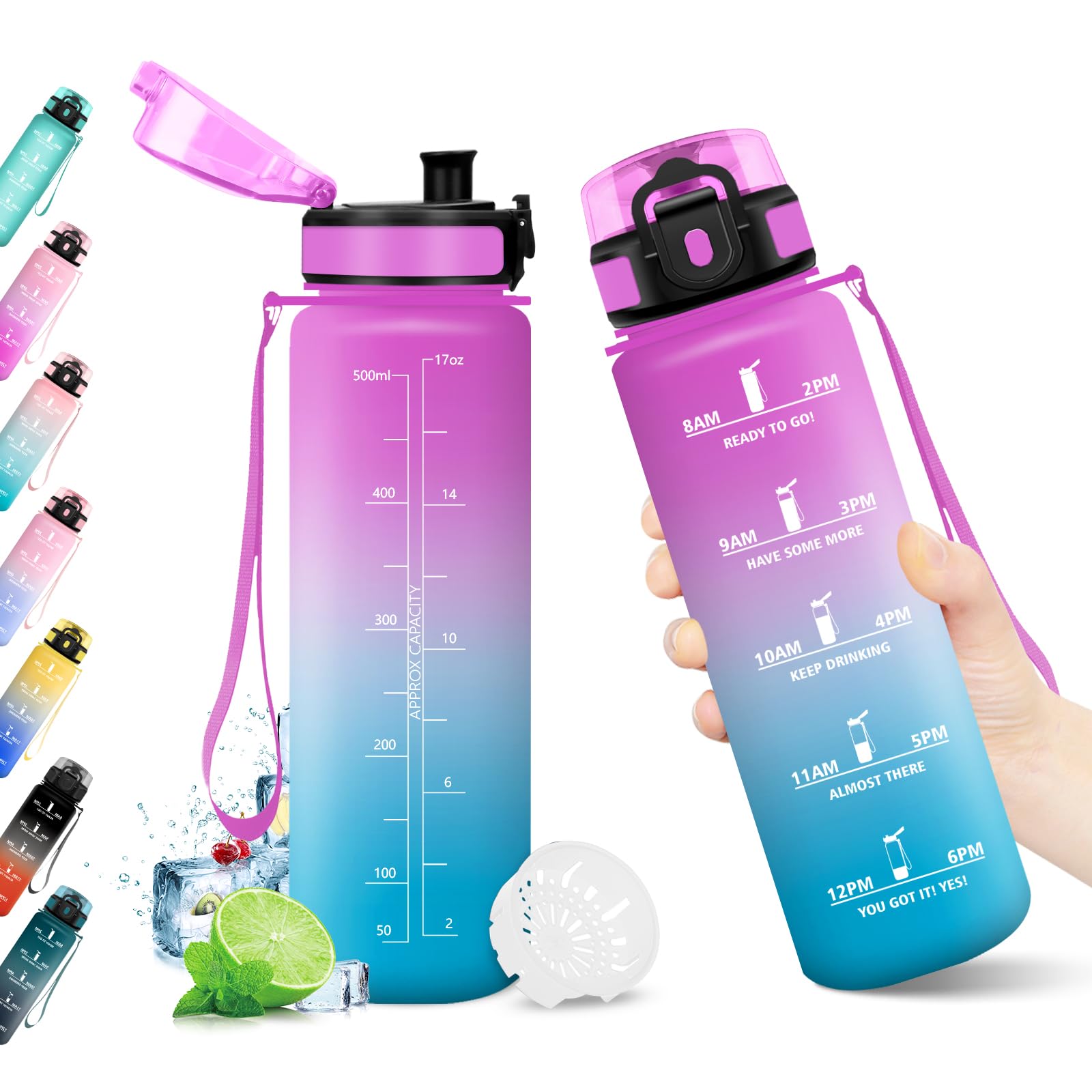 Borraccia 500ml, Bottiglia Acqua A Prova di Perdite, Borraccia con Filtro e Marcatori Temporali, Bottiglia Riutilizzabile, senza BPA, Borraccia Motivazionale per Bambini, Scuola, Ufficio, Yoga