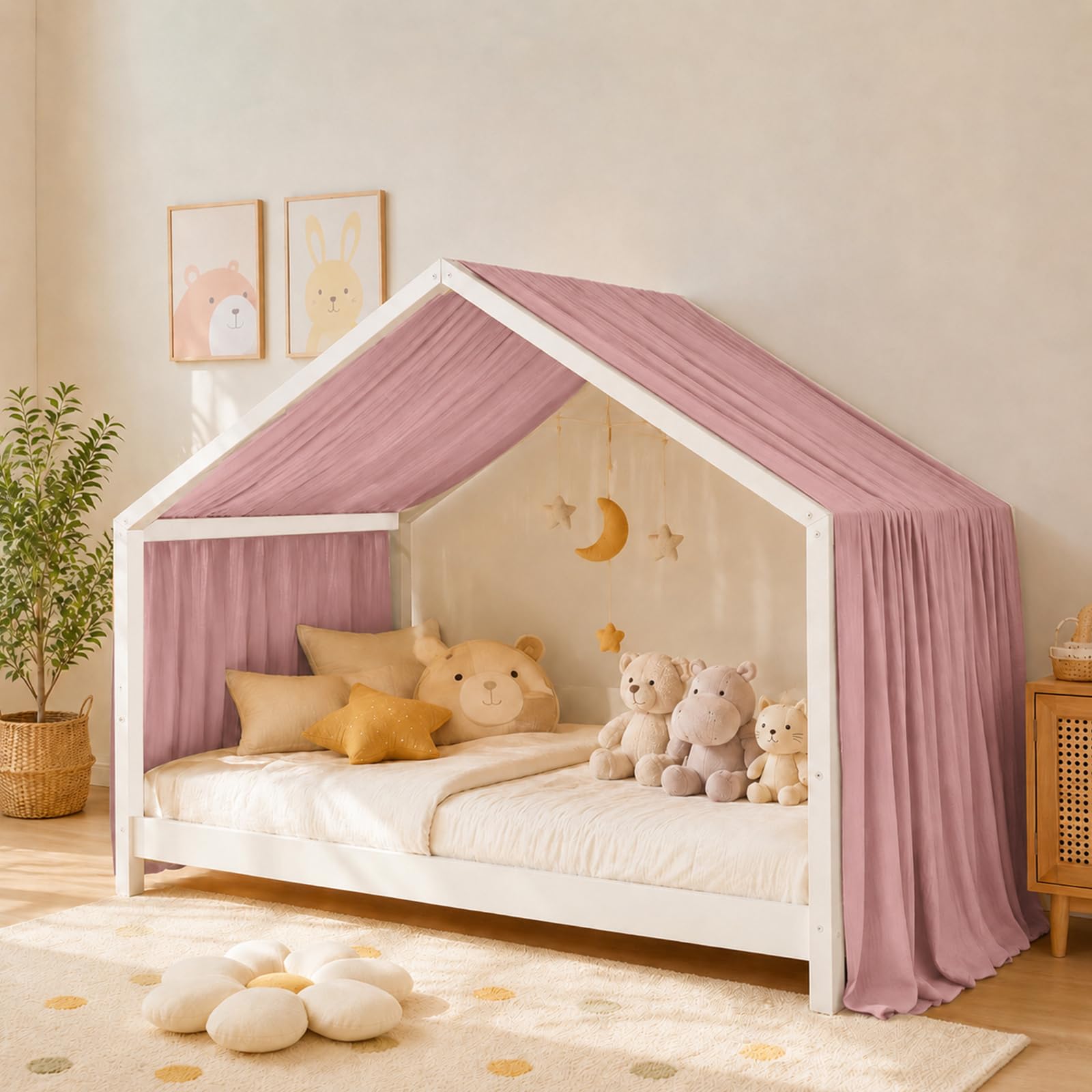 Dosel Cama Infantil, Dosel de Cama con Forma de Casa, Cortina de Muselina de Algodon para Cama Casita, Decoracion para Habitacion Infantil(Rosa, H420 x B135 cm (1 Pieza))