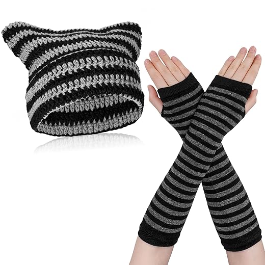 FRIUSATE Women Cat Hat and Long Fingerless Gloves, Crochet Hats for Women with Cat Ears, Striped Knitted Hat Winter Warm Soft Beanie Hat
