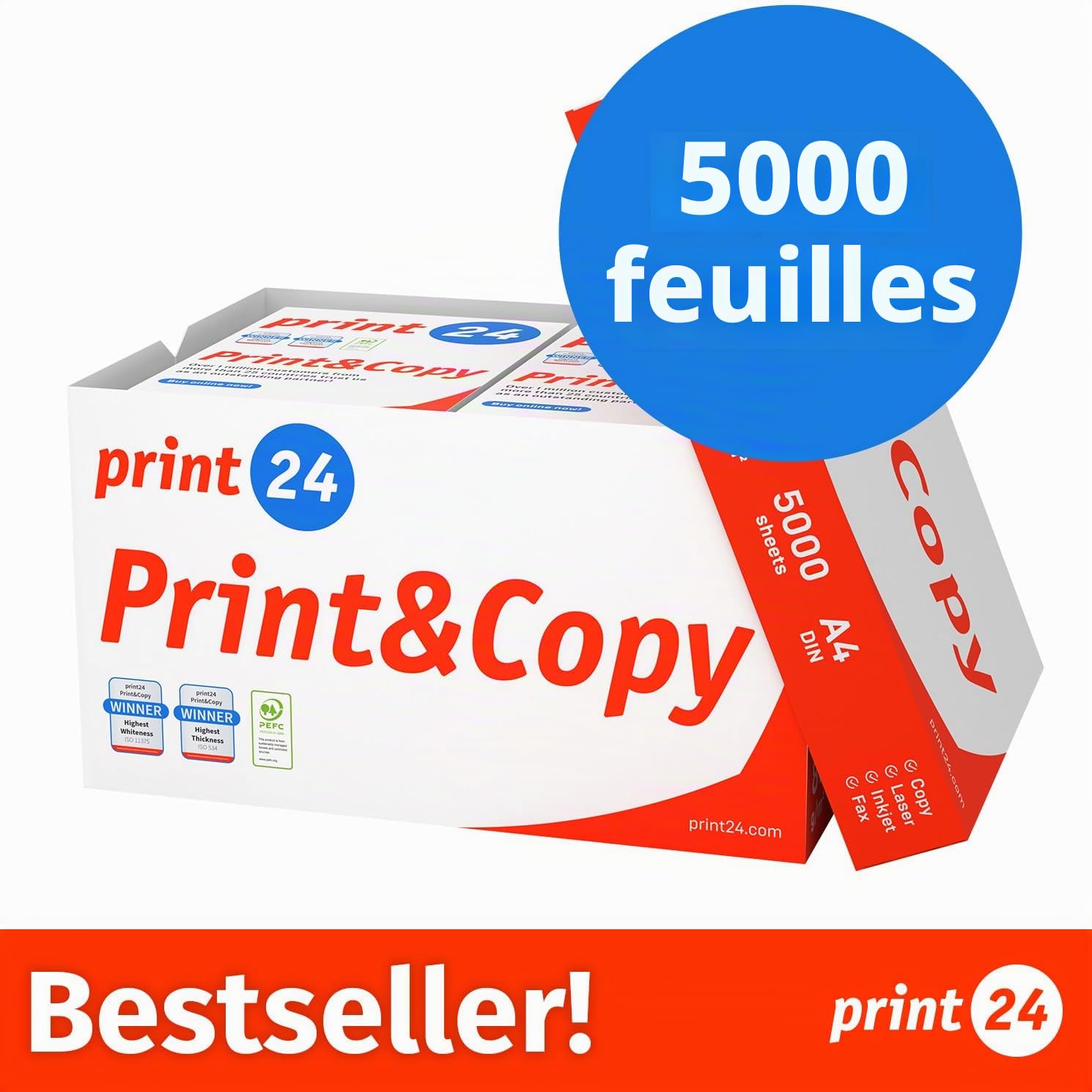 Lot de 5000 feuilles de papier A4 pour imprimante et photocopieur, 10 x 500 feuilles A4, 80 g, blanc brillant CIE 160, certifié environnemental PEFC
