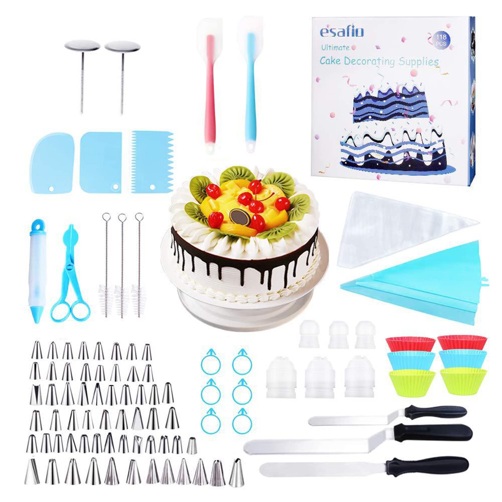 Juego de 118 piezas de decoración de tartas, juego de herramientas para decoración de pasteles, 60 puntas de glaseado numeradas con gráfico de patrón, 3 espátulas de glaseado, 3 raspadores de